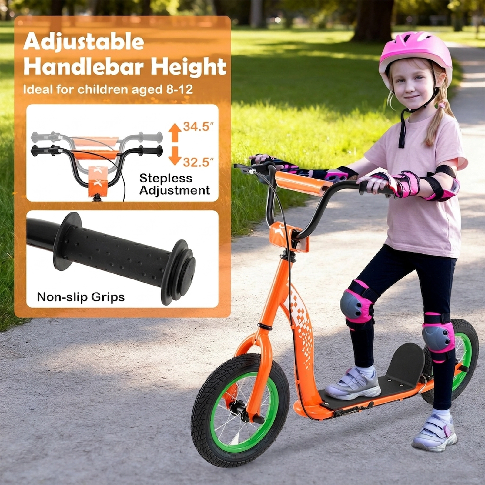 SUGIFT Adjustable Handlebar Youth Kick Scooter with 12-in Inflatable Wheels 165-lb Capacity Ages 8-12 Orange