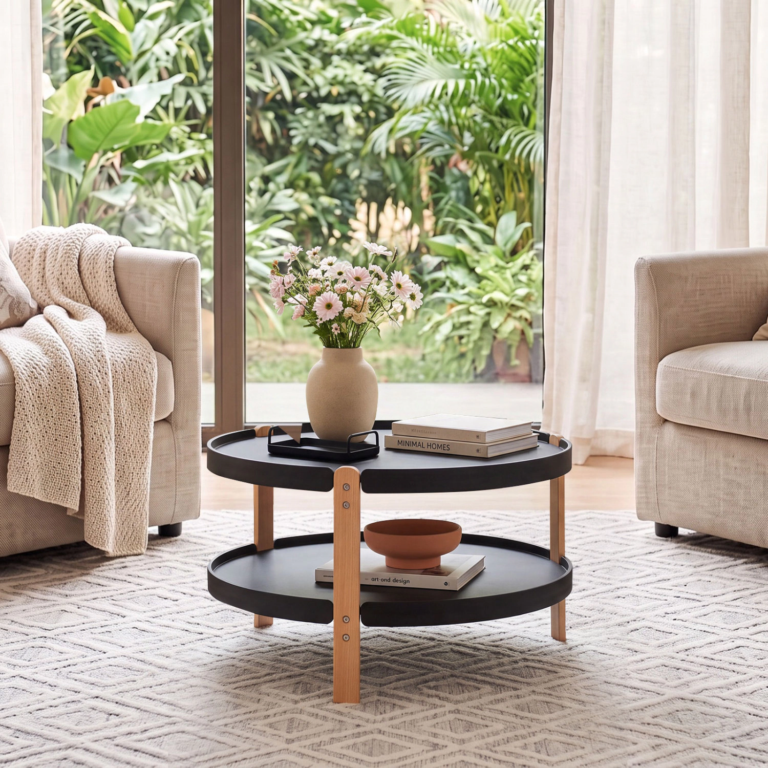 LJG 23.5" 2-Tier Round Coffee Table with Solid Wood Legs and Open Storage Shelf