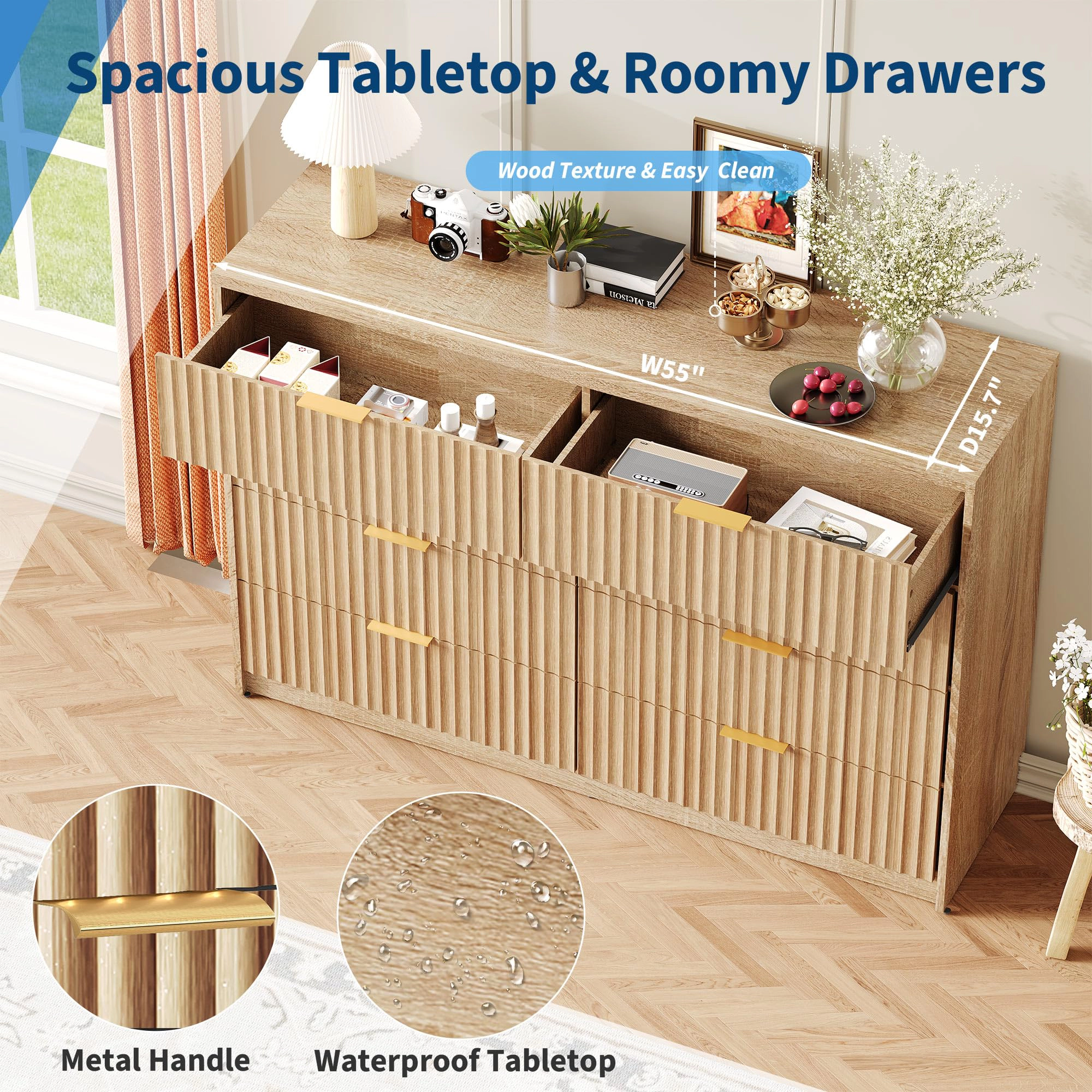 8 Drawer Fluted Double Dresser with Metal Handles, Modern Wood Storage Chest for Bedroom Entryway