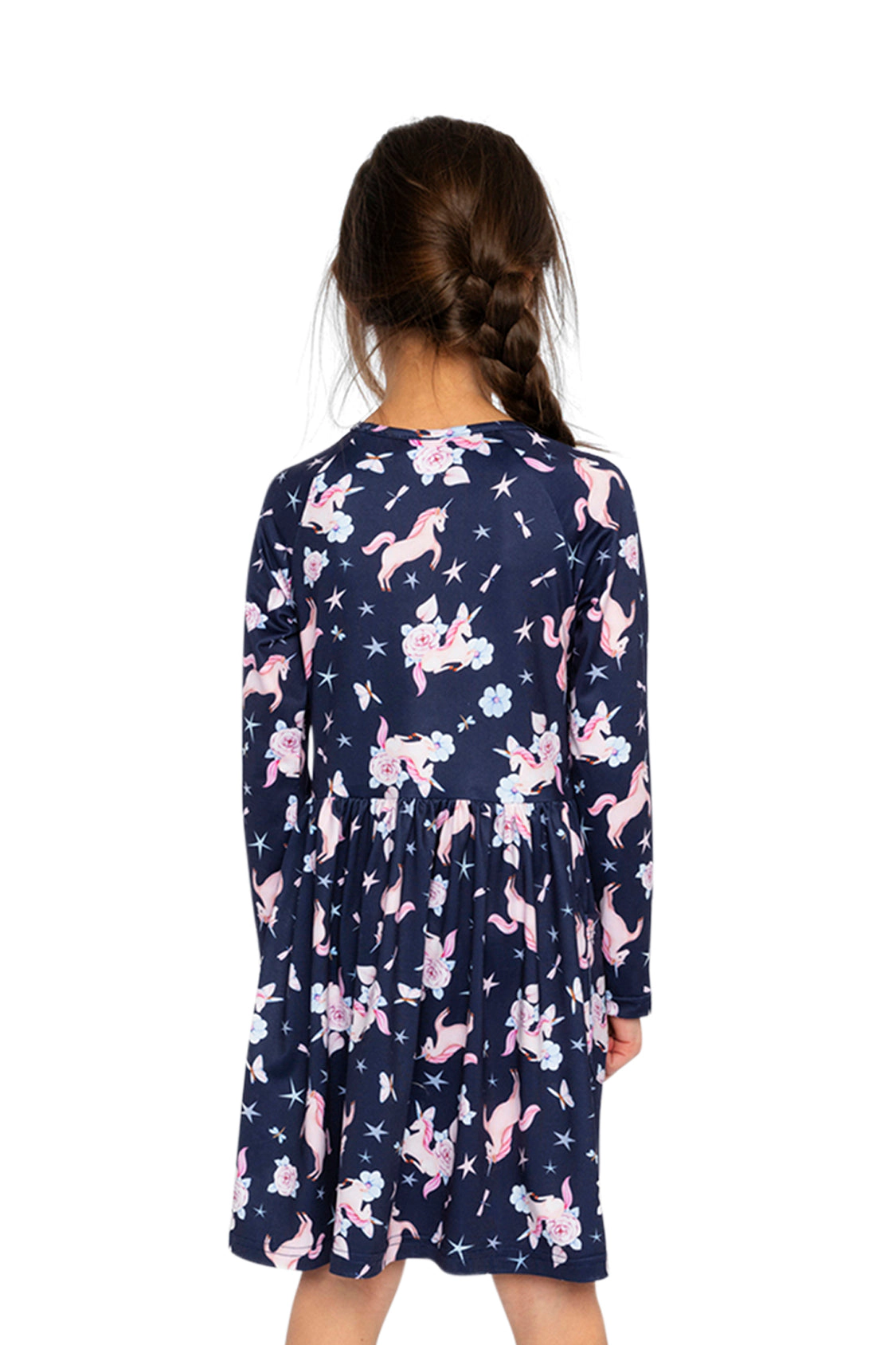 Deux par Girls Unicorn Print Long Sleeve Empire-Waist Dress