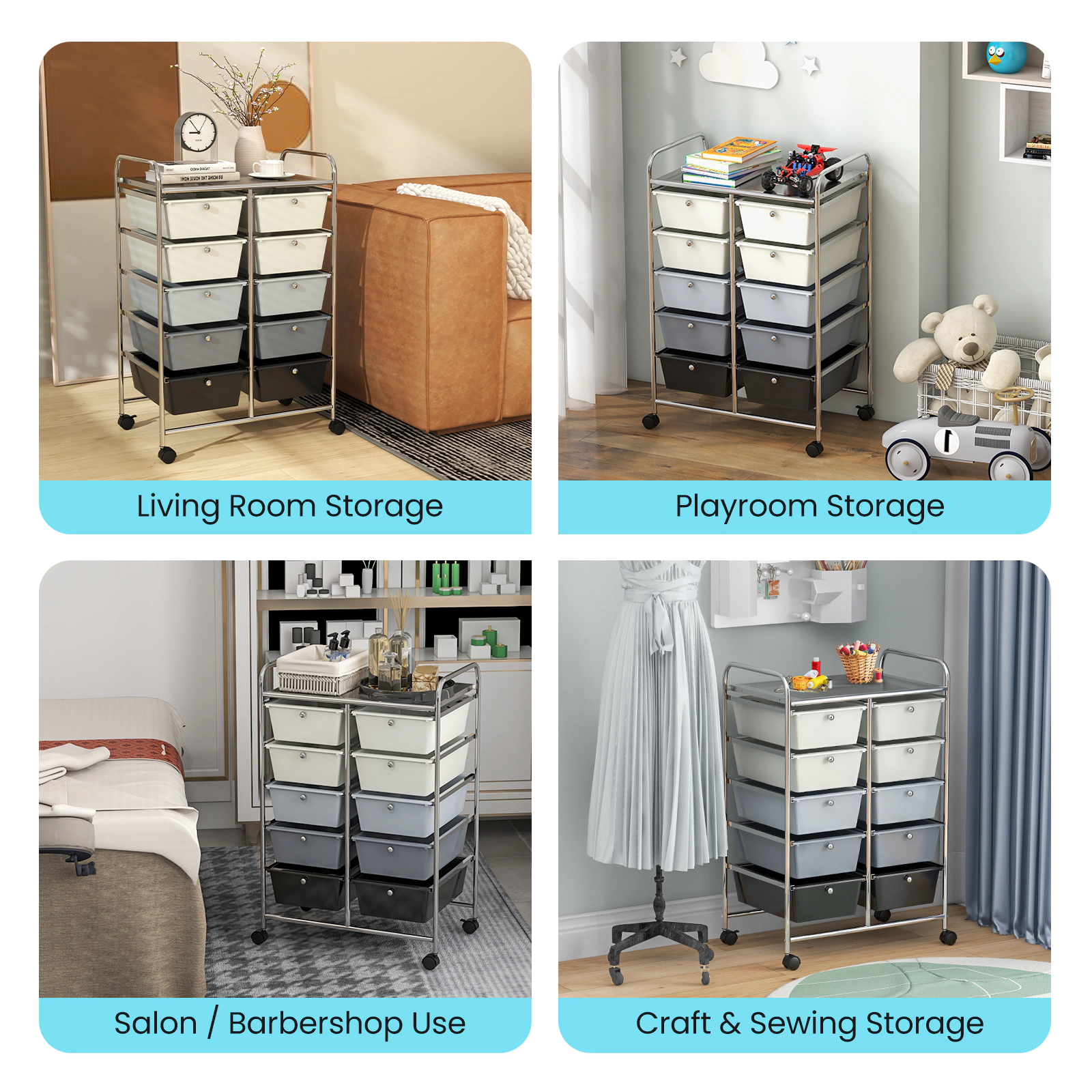 SUGIFT 10-Drawer Rolling Storage Cart with Mesh Top 22-lb Platform Capacity 5.5-lb Drawer Capacity Beige & Gray