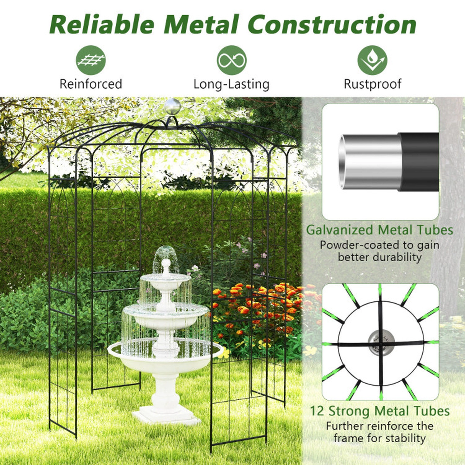 SUGIFT Birdcage Shape Galvanized Metal Garden Gazebo Trellis with 7-lb Hook Capacity Black