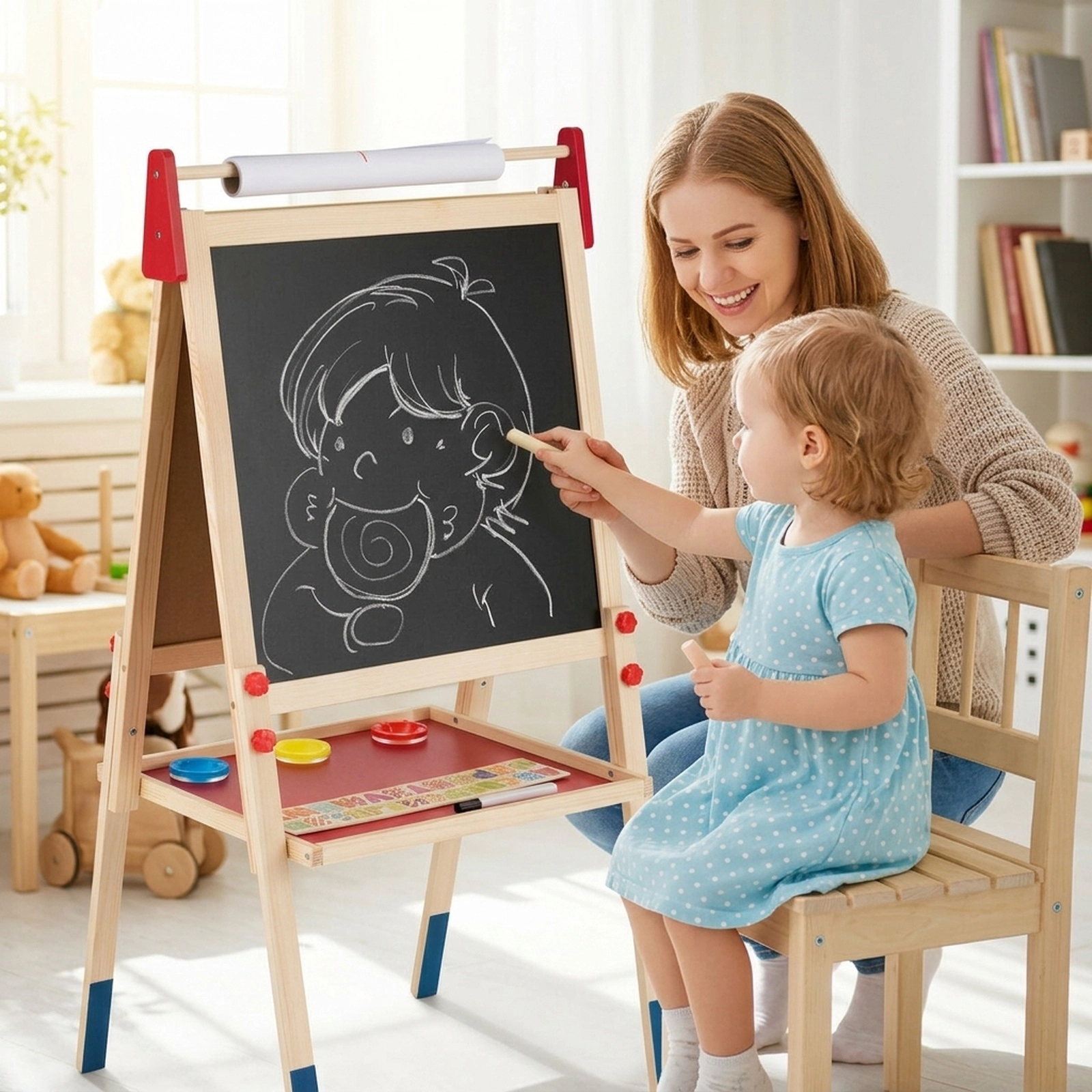 All-in-One Wooden Kids Art Easel 26 Magnetic Letter Stickers Double-Sided Whiteboard Chalkboard 3 Heights to 49 in