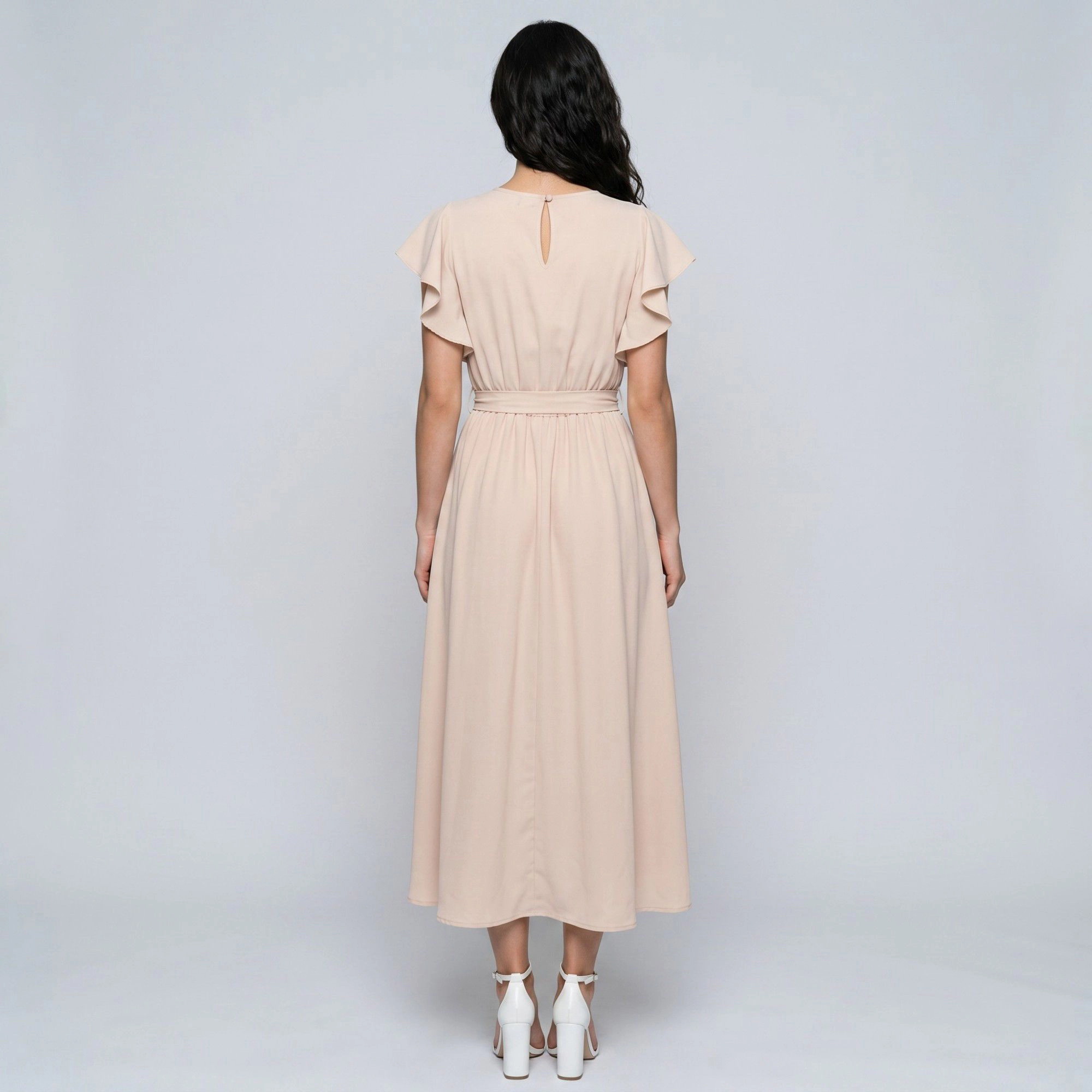 Anna-Kaci Women's Flutter Sleeve Tie Waist Round Neck A-Line Skirt Gathered Midi Dress