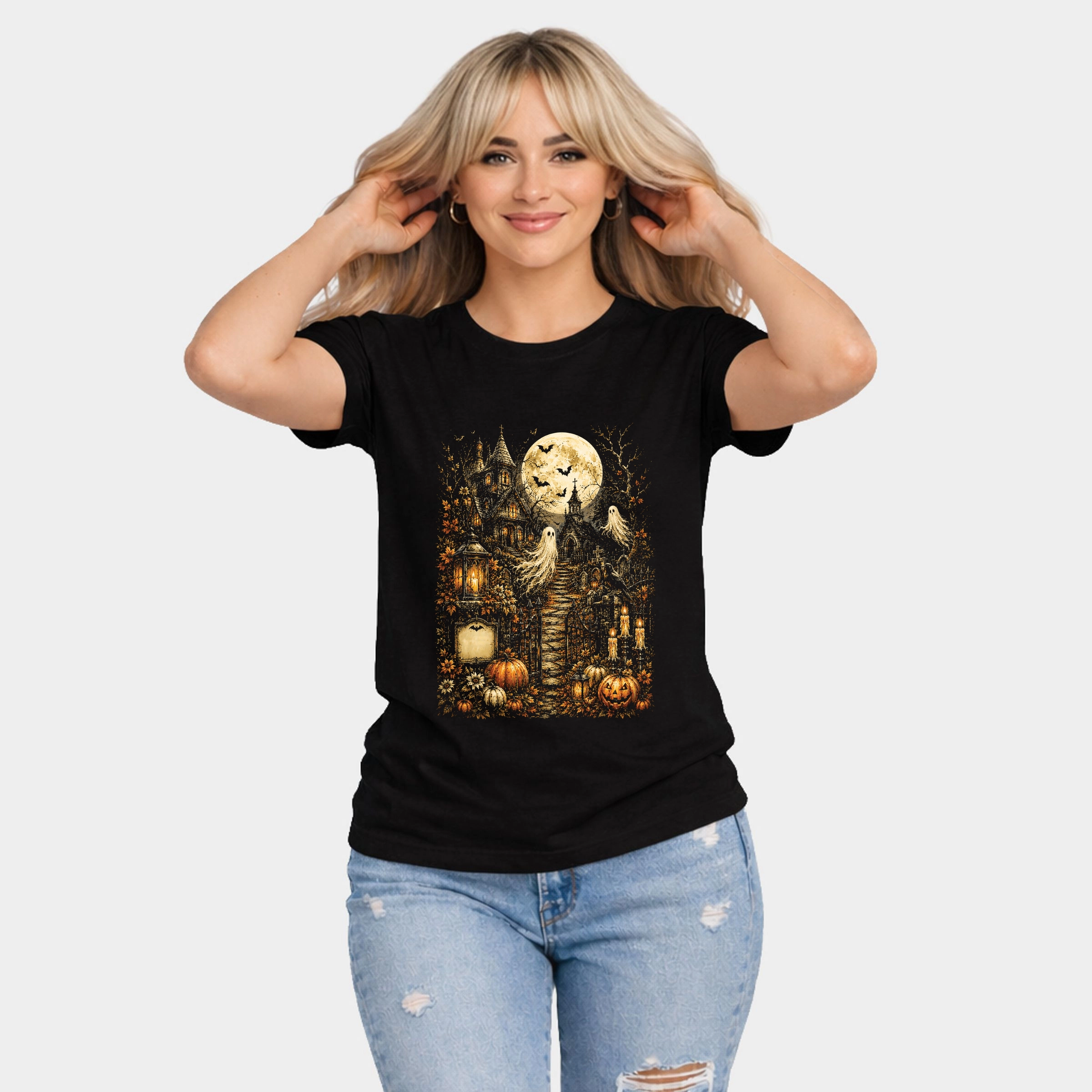 Simply Sage Market - Women's Short Sleeve Graphic T-Shirt Halloween House and Moon