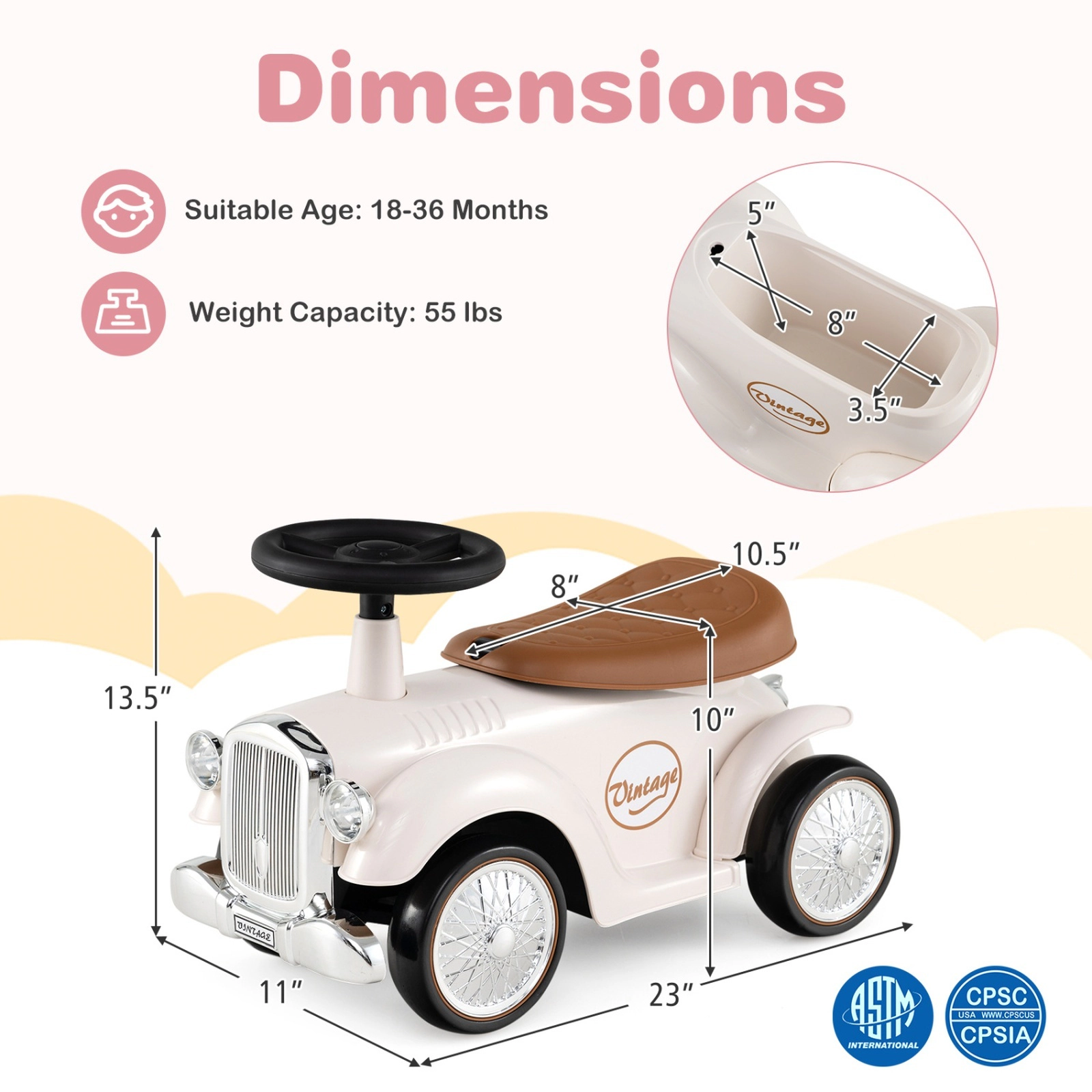 Kids Sit to Stand Ride on Vehicle Working Steering Wheel Under Seat Storage Retro Styling 18-36 Months 55-lb Limit