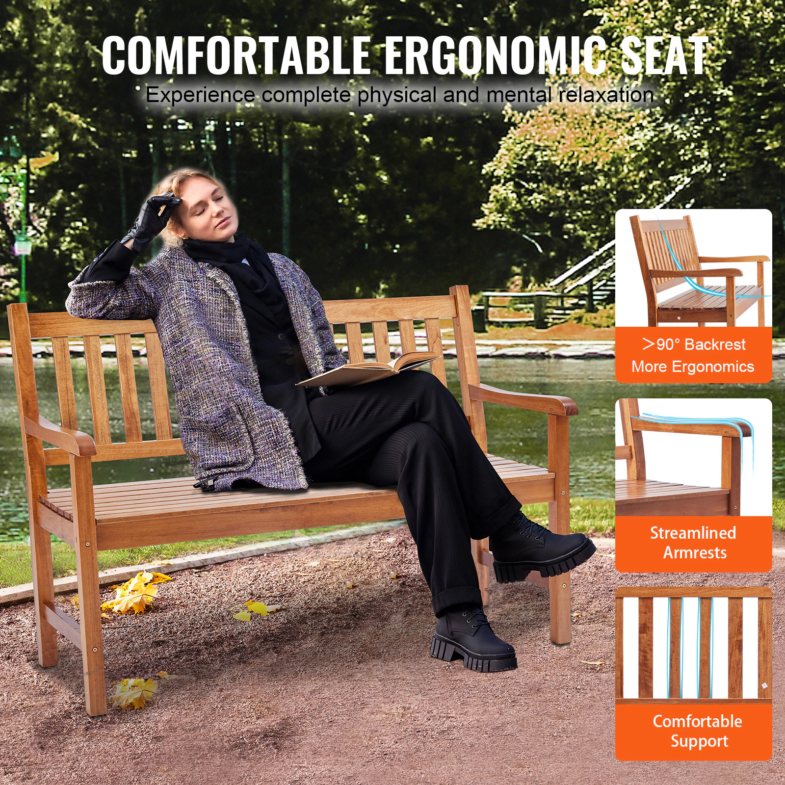 HONGGE Outdoor Bench Wood Garden Bench for Outdoors Outdoor Garden Park Bench with Backrest and Armrests Capacity Bench