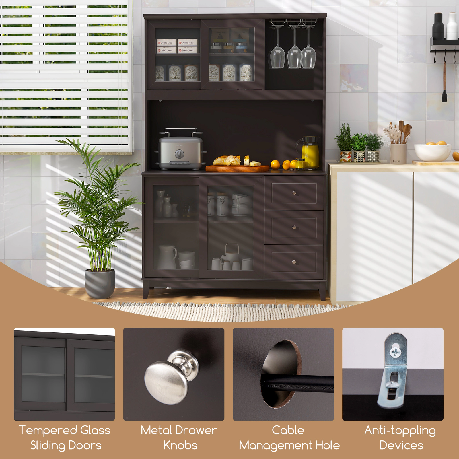 Glintex 73-Inch Kitchen Hutch with LED Lights and Sliding Glass Doors