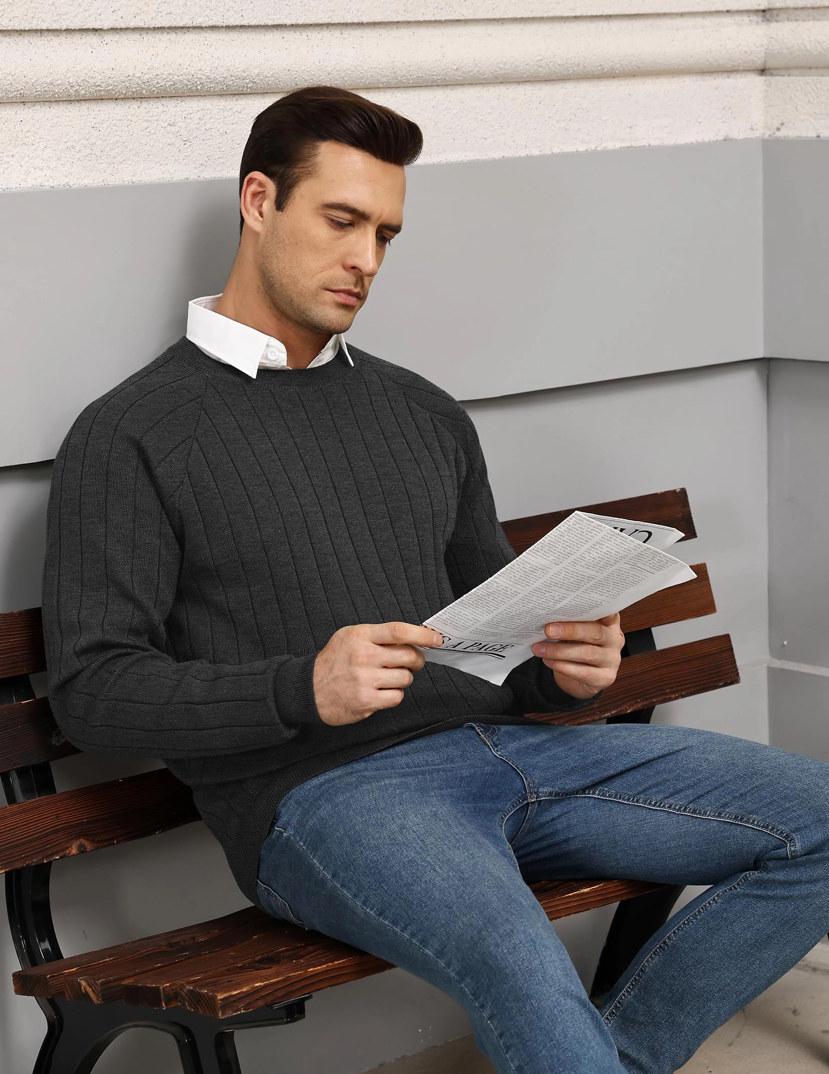COOFANDY Mens Ribbed Knit Sweater Crew Neck Long Sleeve Raglan Fall Casual Pullover