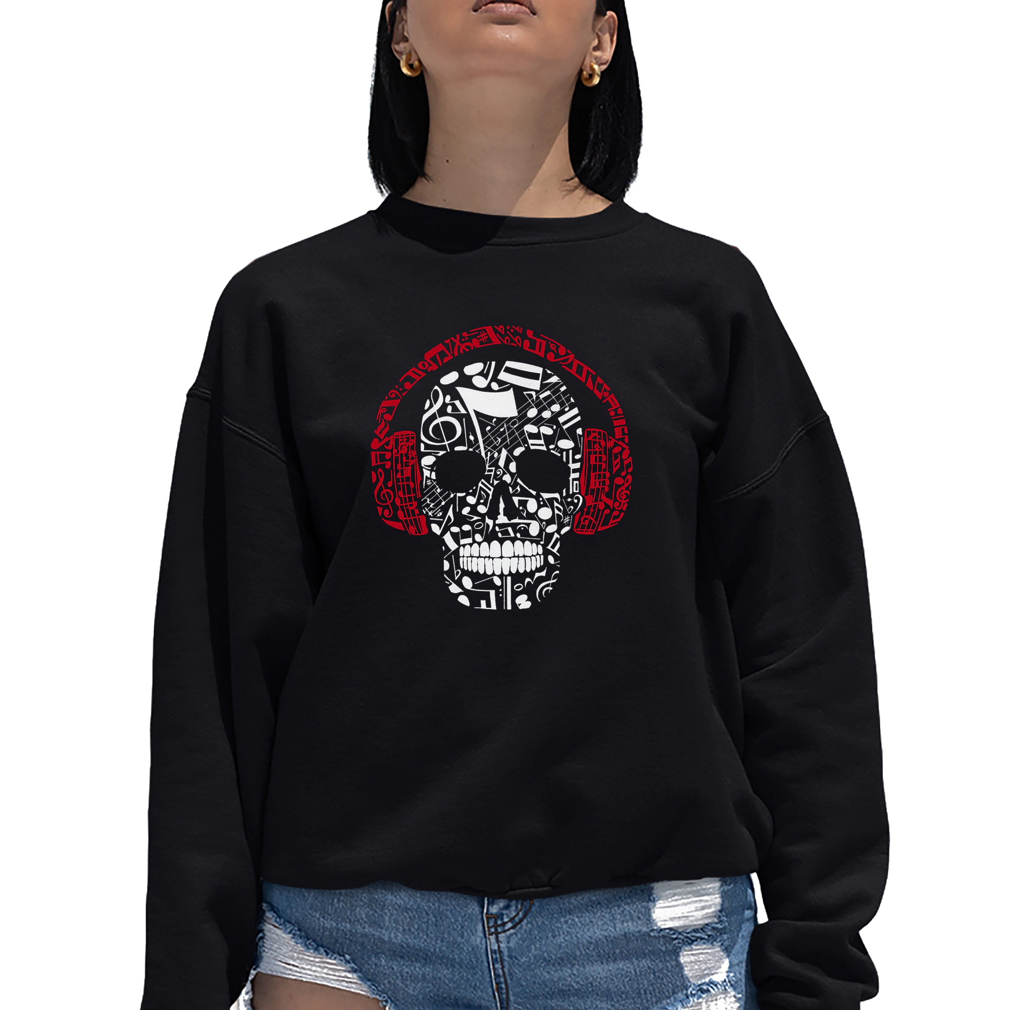 LA Pop Art Music Notes Skull - Women's Word Crewneck Sweatshirt