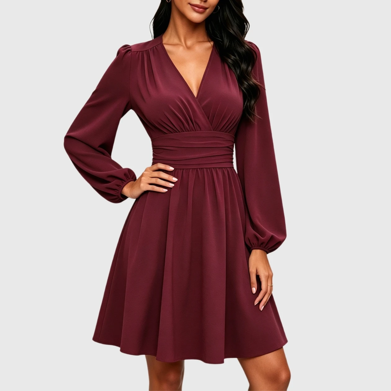 YesFashion Women V Neck Long Sleeve Mini Dress Casual High Waist A-Line Cocktail Wedding Guest