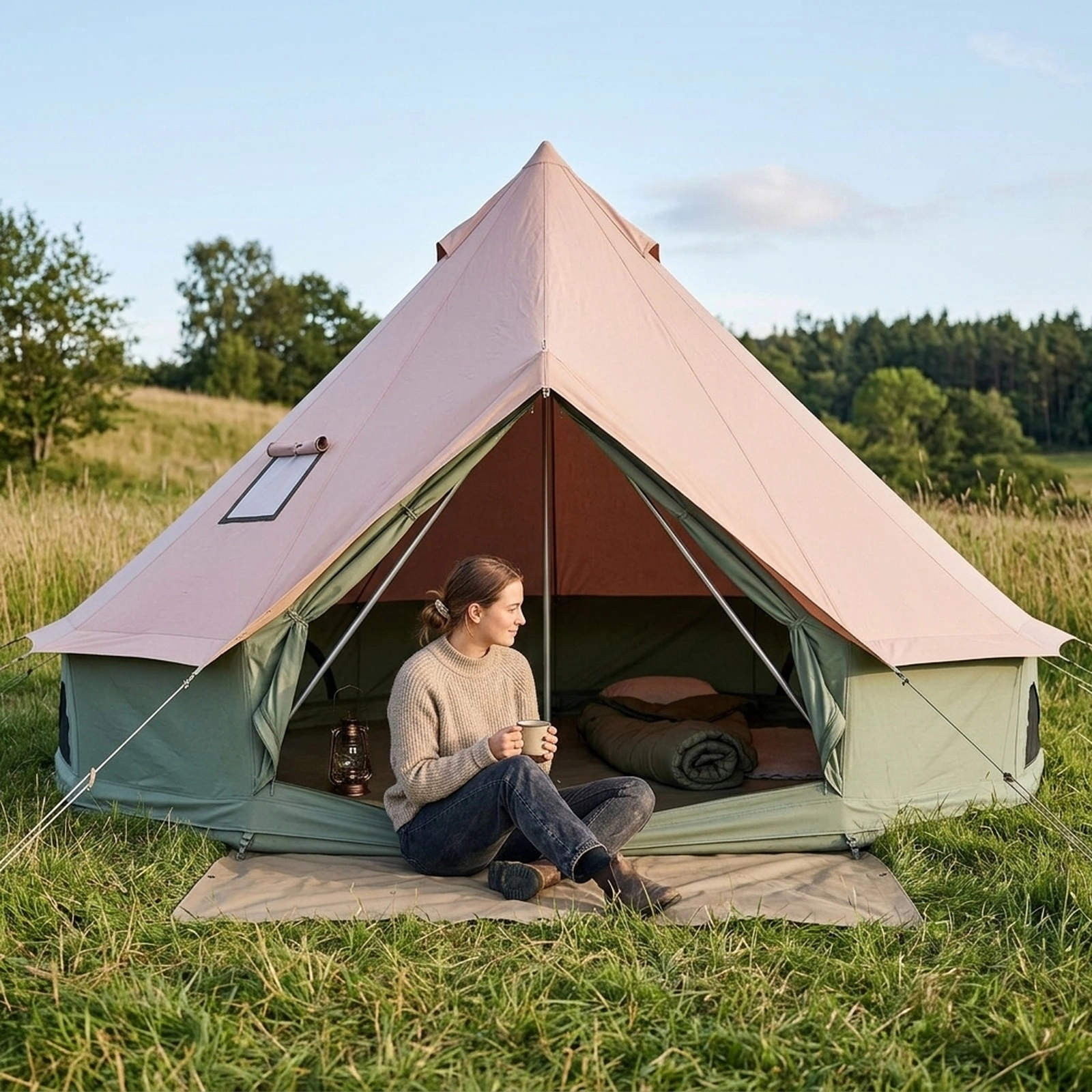 SUGIFT Waterproof Bell Tent with Stove Jack Mesh Windows and Doors Accommodates 2-8 People Khaki & Green