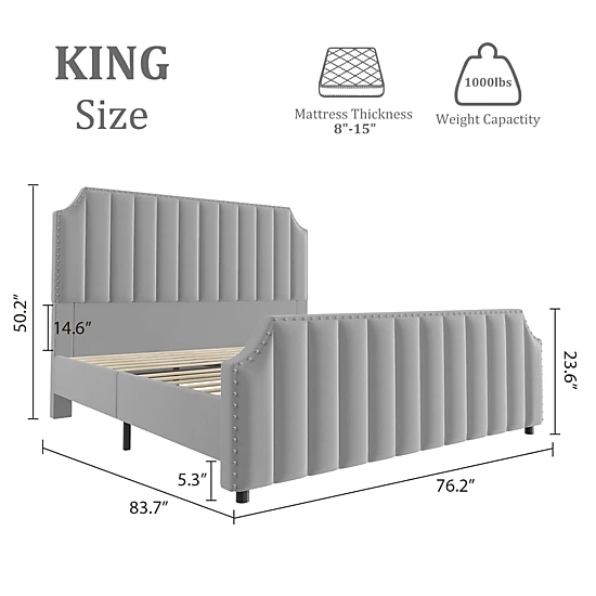 BebreezChic Upholstered Velvet Channel Tufted Tall Headboard Nailhead ...