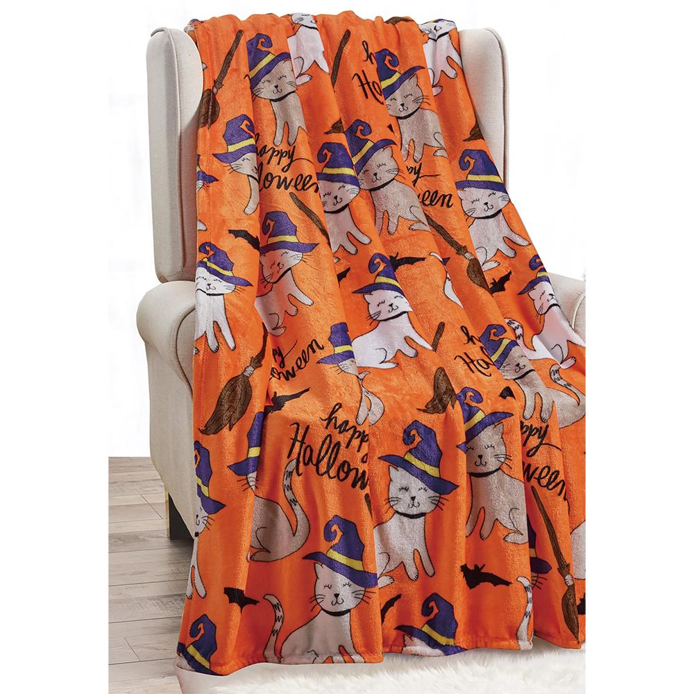 Plazatex Halloween Cats plush Decorative Halloween Machine Washable Throw 50" X 60" Orange