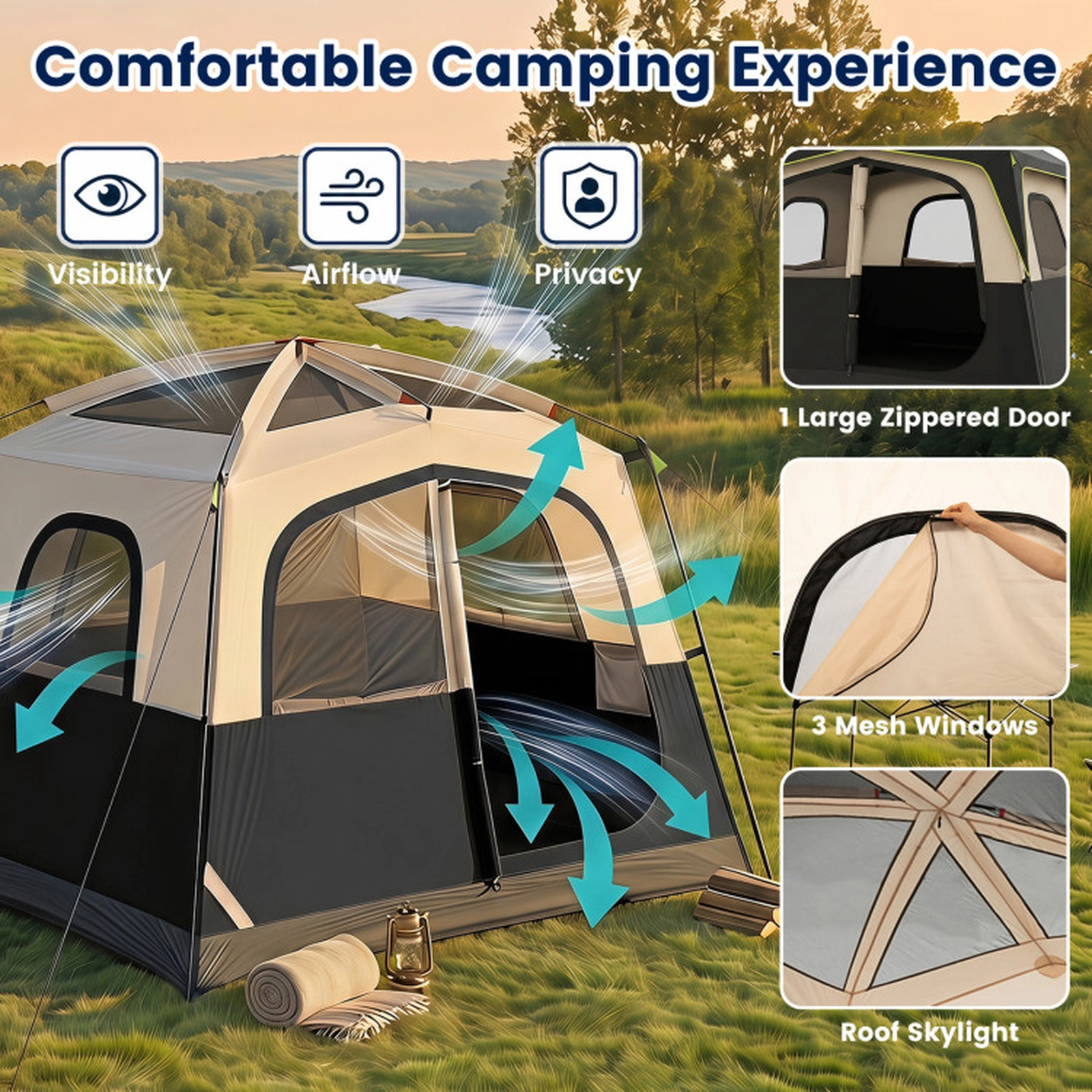 SUGIFT 6-Person Black Cabin Camping Tent with Top Rainfly and 3 Mesh Windows 10-ft W 9-ft D 7-ft H