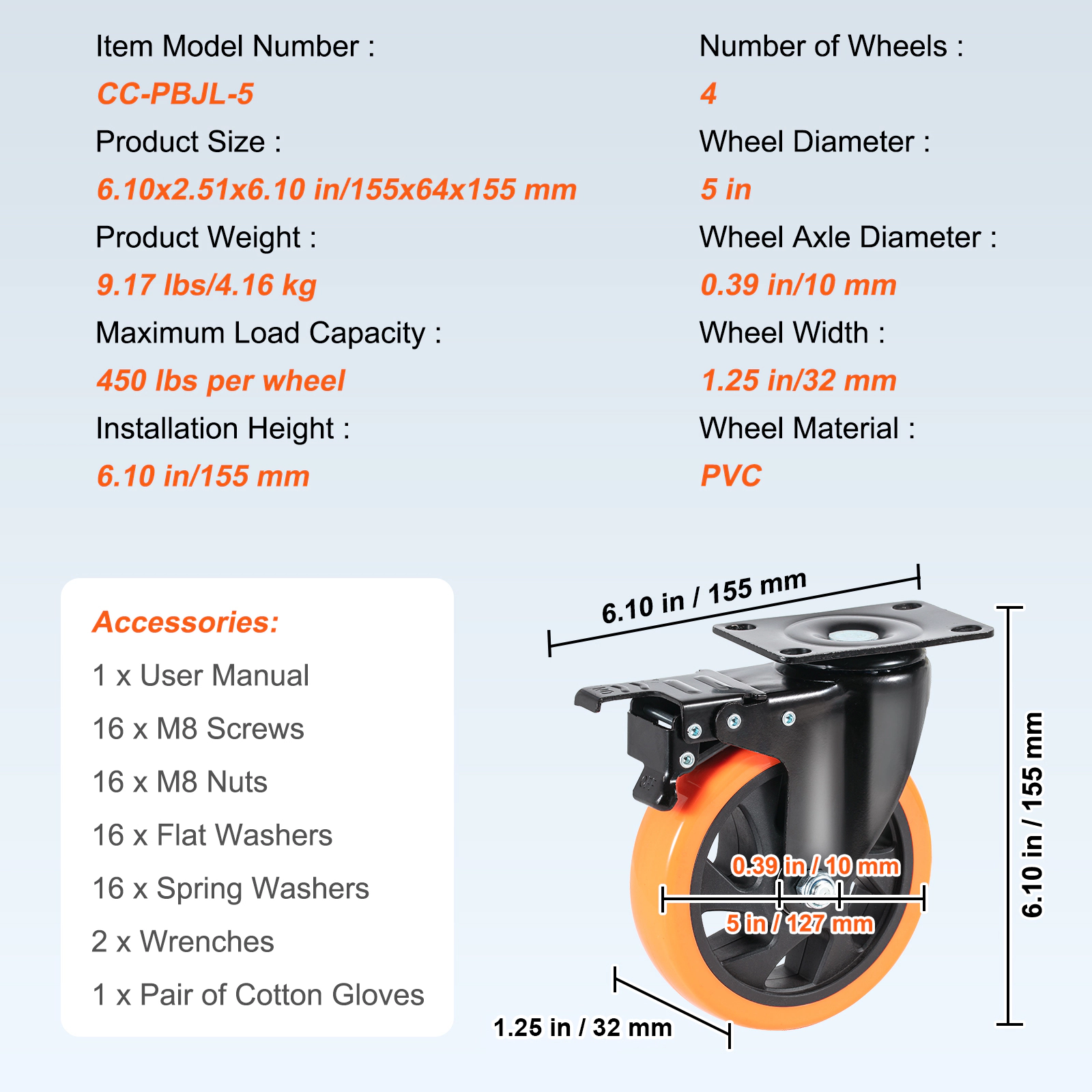 HONGGE Caster Wheels Swivel Plate Casters with Wheels Per Caster Wheels