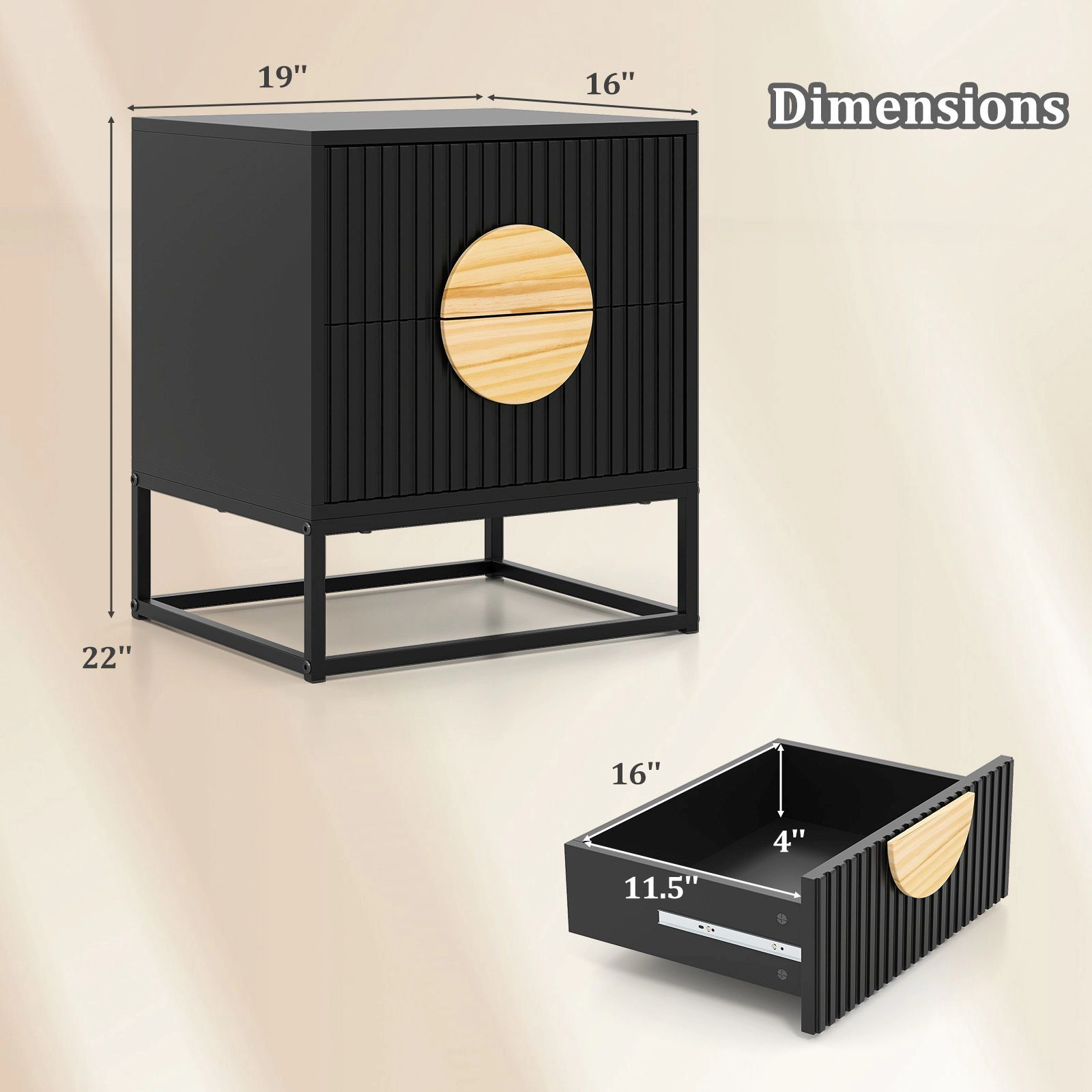 SlickBlue Fluted 2-Drawer End Table with Metal Frame