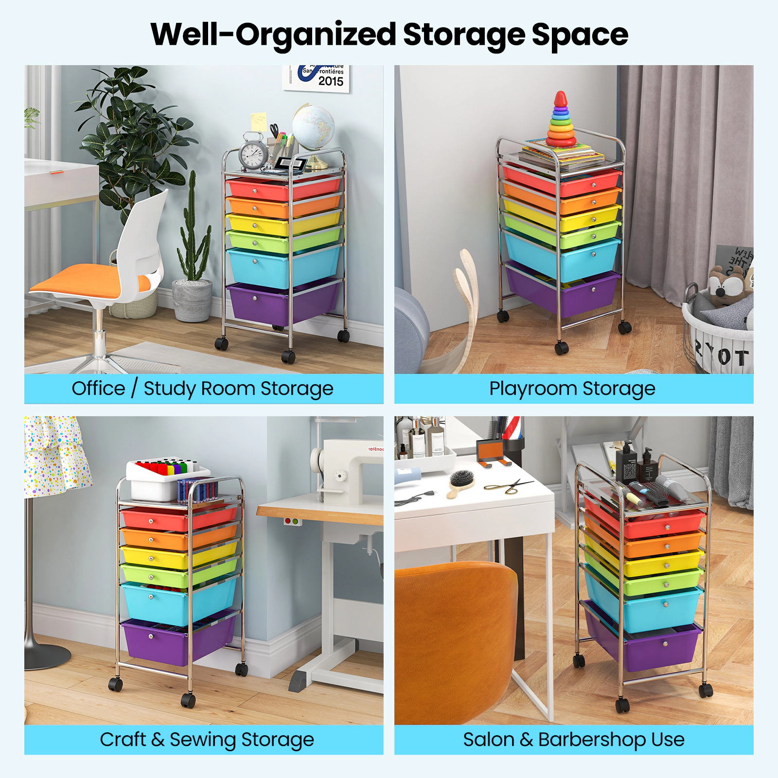 SUGIFT 6-Drawer Slim Rolling Storage Cart with 2 Deep 4 Shallow Clear Drawers and Locking Casters