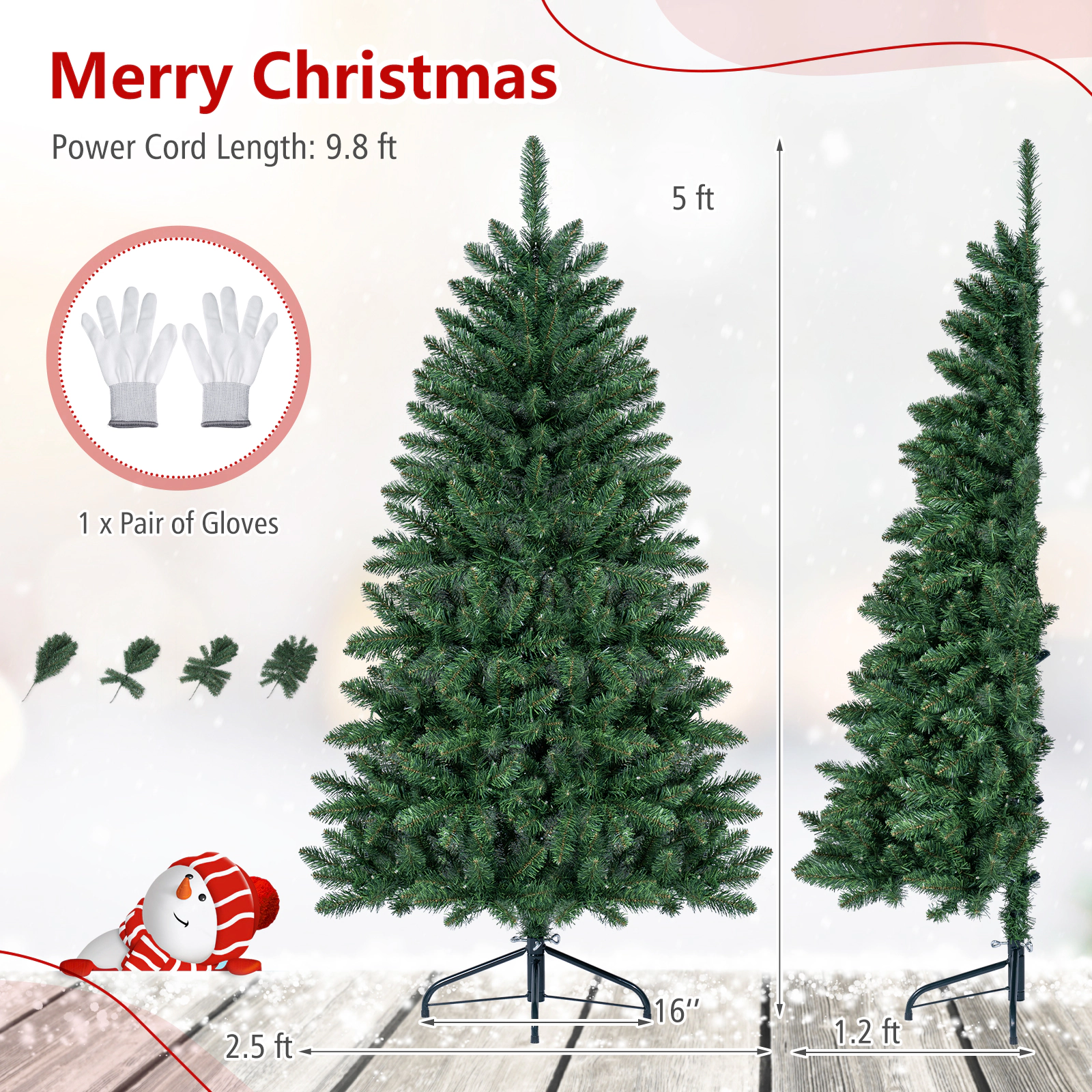 Costway 5 FT Pre-Lit Half Christmas Tree Hinged with 170 LED Lights Green