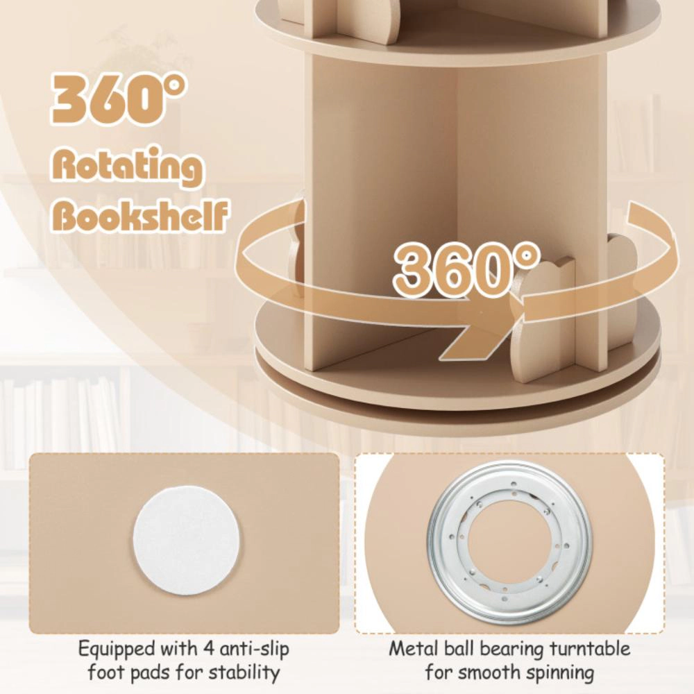 Hivvago 2 Tier Freestanding Kids Rotating Bookshelf Storage Rack with Bear Baffles