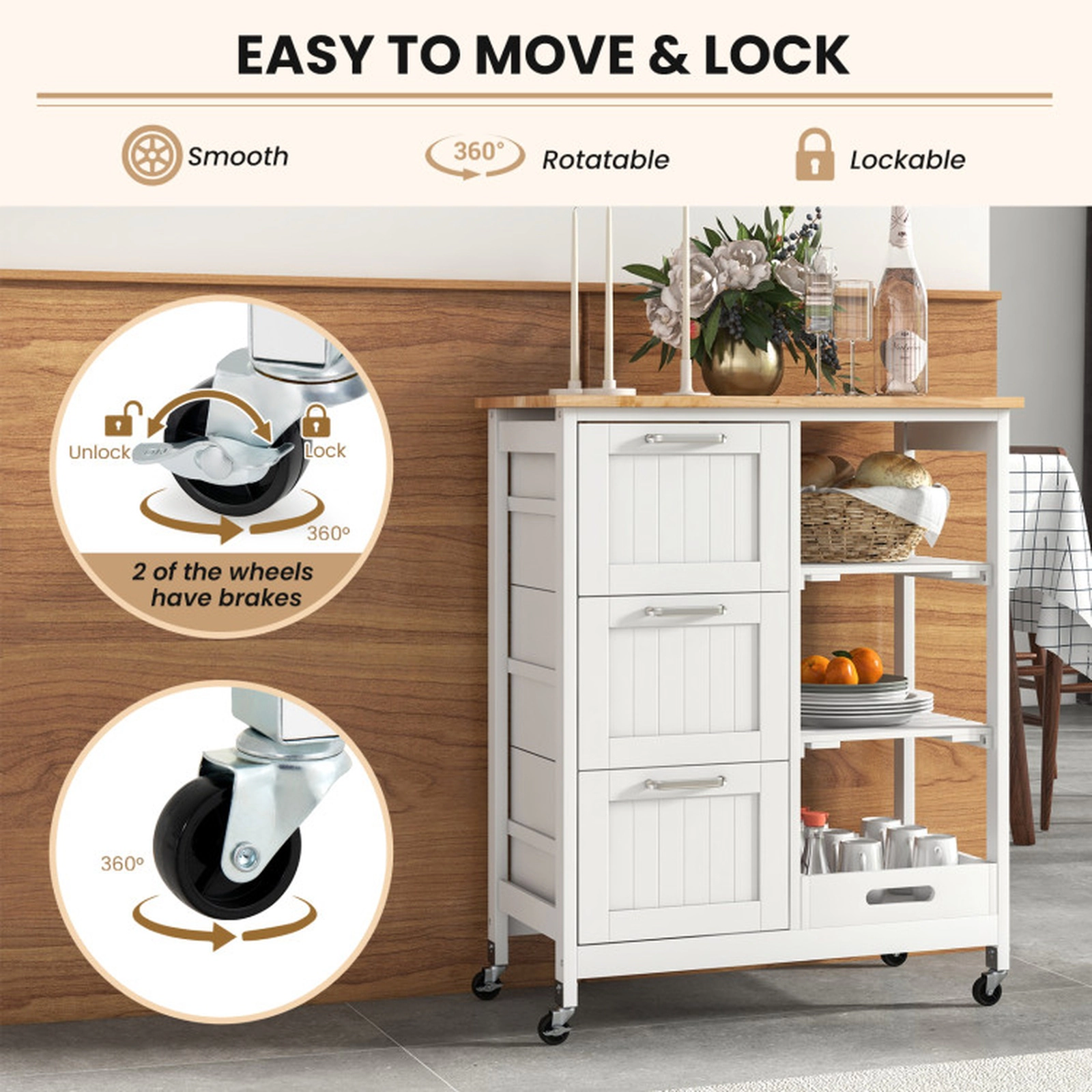 SUGIFT Rolling Kitchen Island Utility Cart White with 3 Drawers and Rubber Wood Top