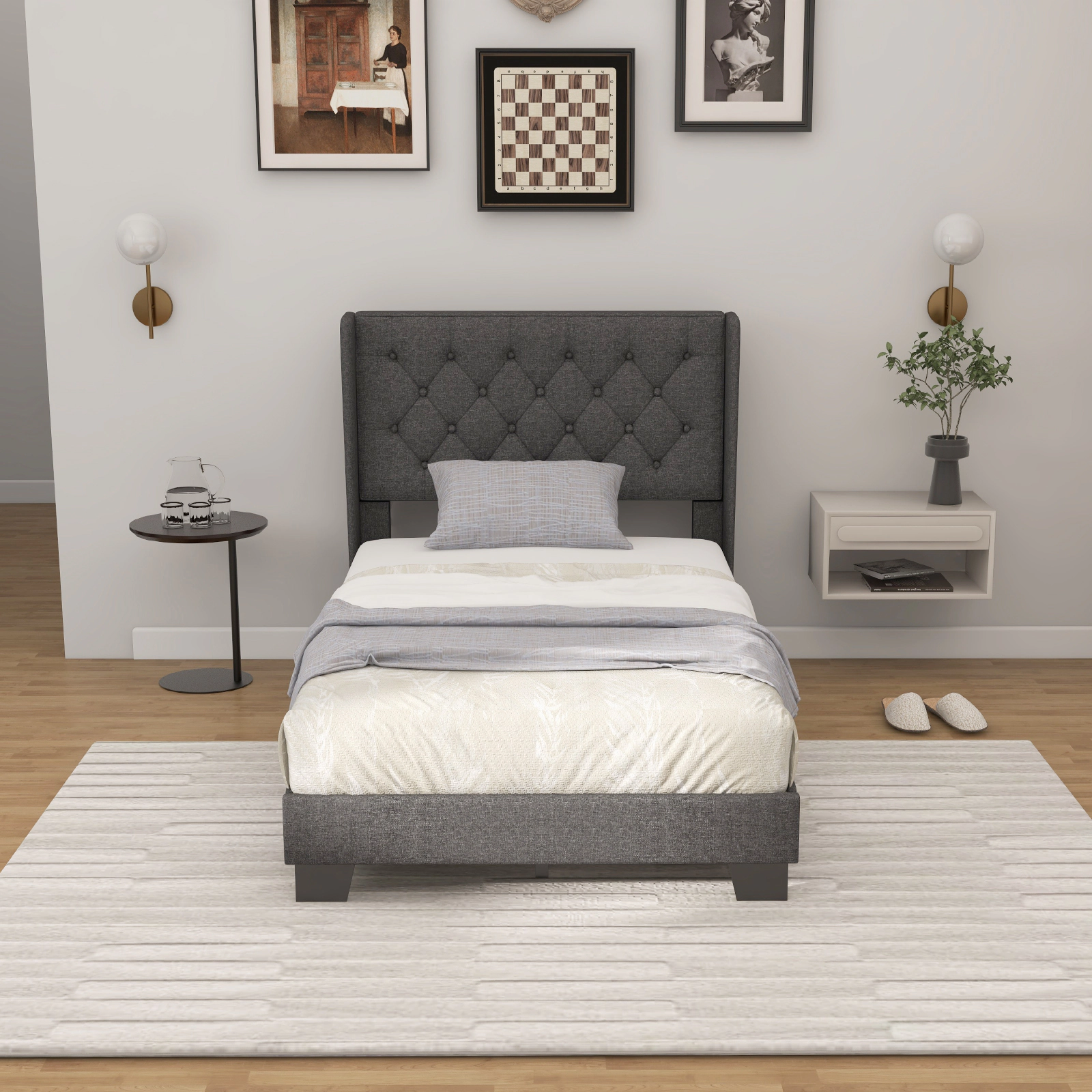 SUGIFT Twin Upholstered Platform Bed, Gray Fabric, Button-Tufted Headboard