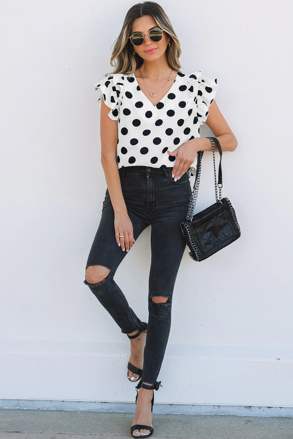Threaded Pear Women's Halo Polka Dot Ruffled Sleeve V Neck Blouse