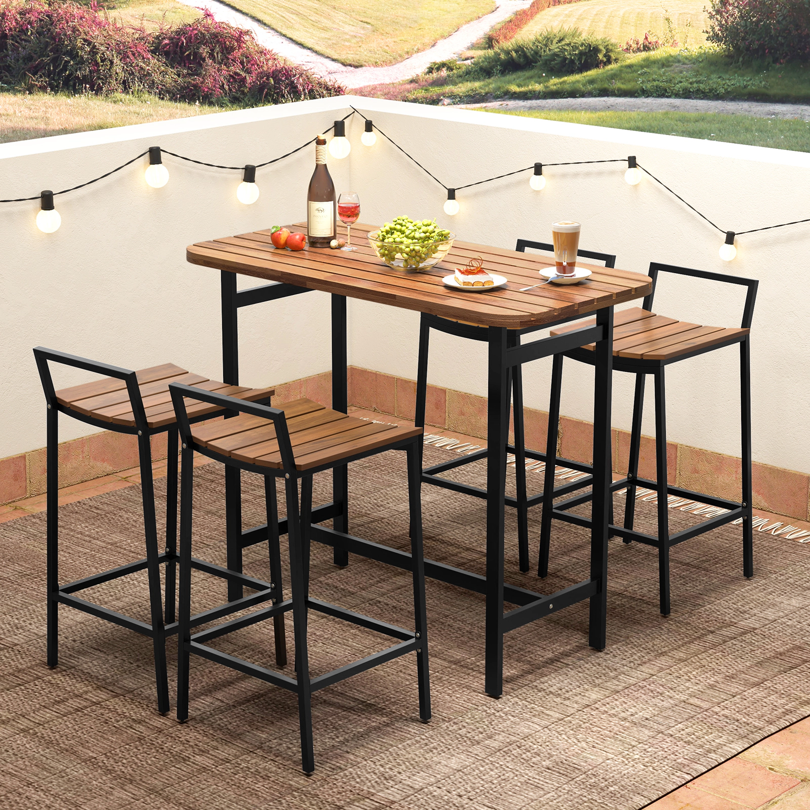 SUGIFT 5 Piece Acacia Wood Bar Set Natural with 47.5 in Bar Table and 4 Chairs