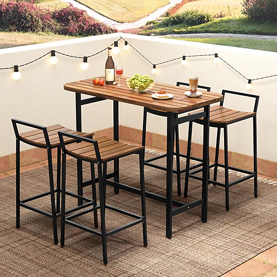 LJG 5 Piece Acacia Wood Bar Table Set Bar Height Table and Chairs with Metal Frame and Footrest
