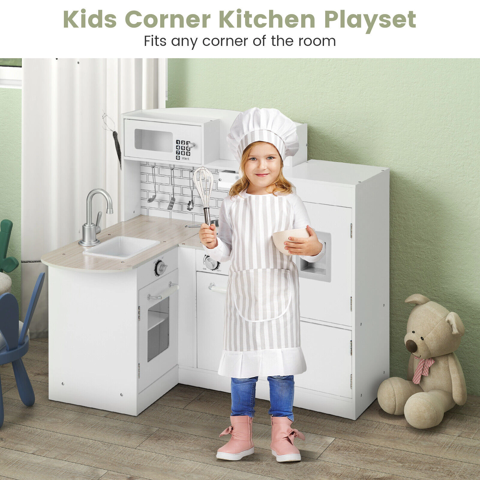 SUGIFT White Microwave Oven Stove and Side Refrigerator Kids Corner Kitchen Playset