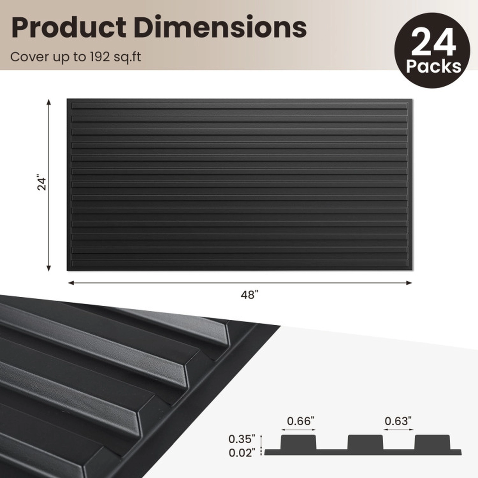 SUGIFT 24-Pack Black 3D Fluted PVC Slat Wall Panels, 192 Sq. Ft. Coverage