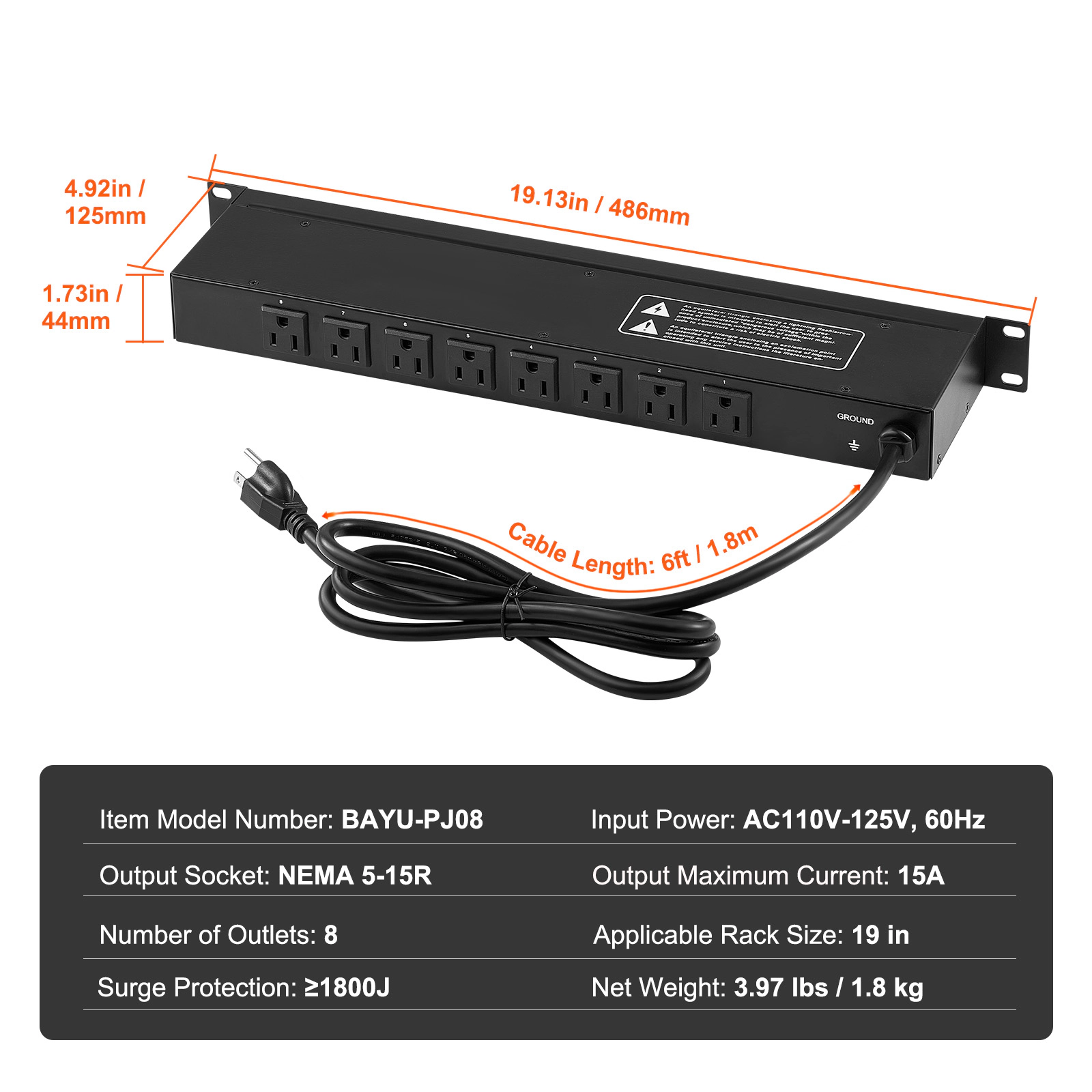HONGGE 1U PDU, Rack Mount Power Strip Fits Standard 19 Server Racks, with Switch Surge Protection & Overload Protection