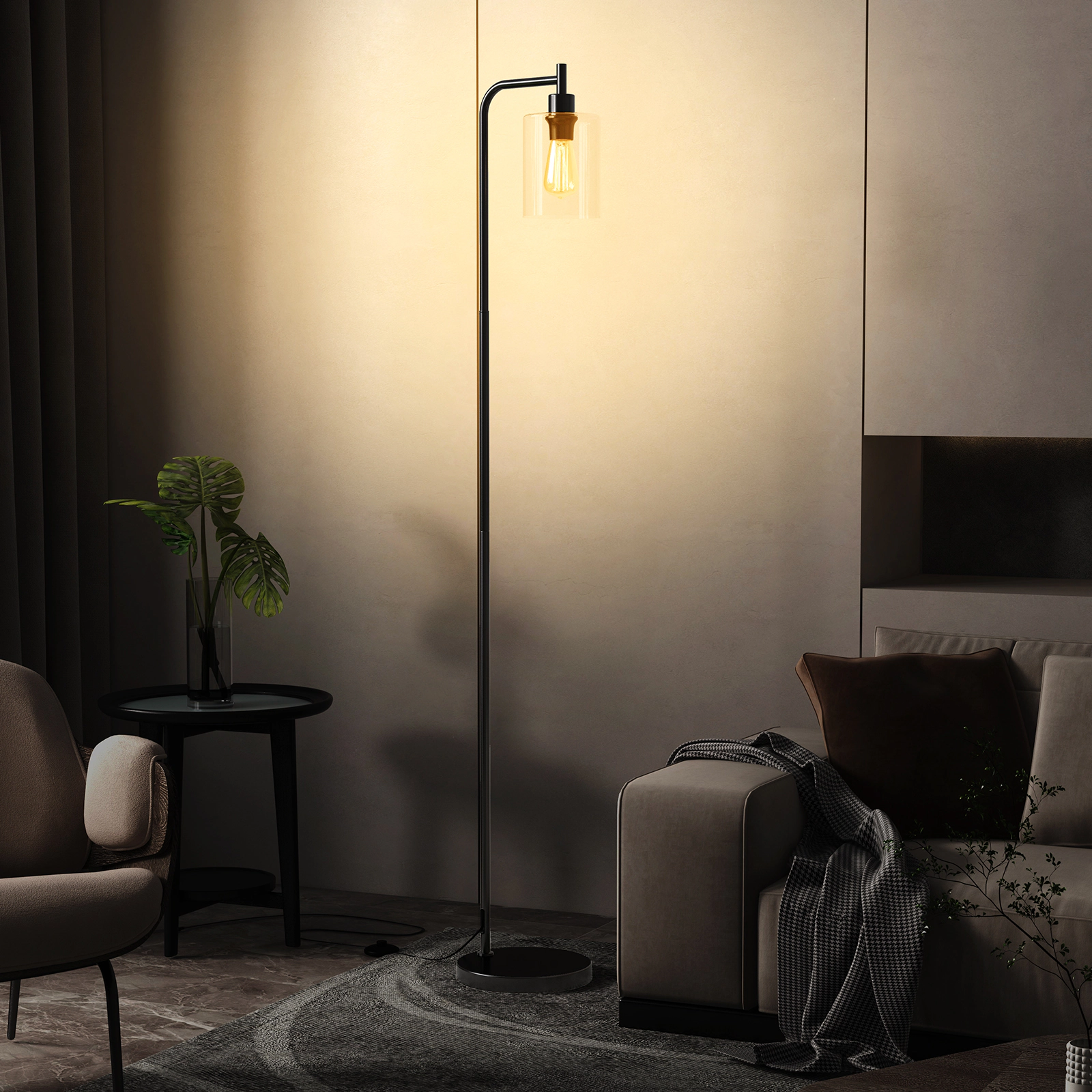 SUGIFT Modern Metal Floor Lamp with Hanging Glass Lampshade and Foot Switch 66-in Tall E26 Socket Black and Gold