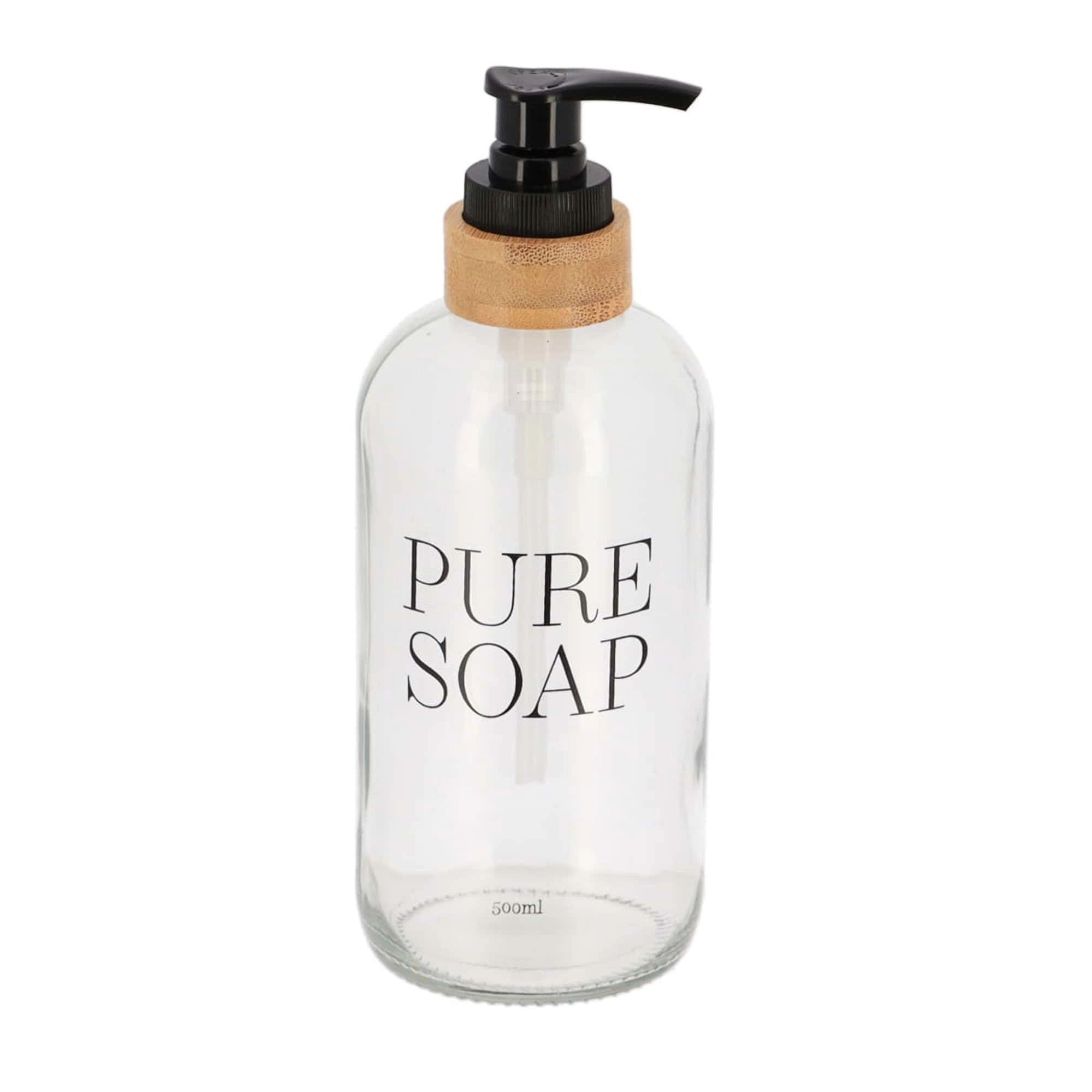 Evideco French Home Goods 17 oz Clear Glass Soap Dispenser with Bamboo Collar, PURE SOAP Embossed