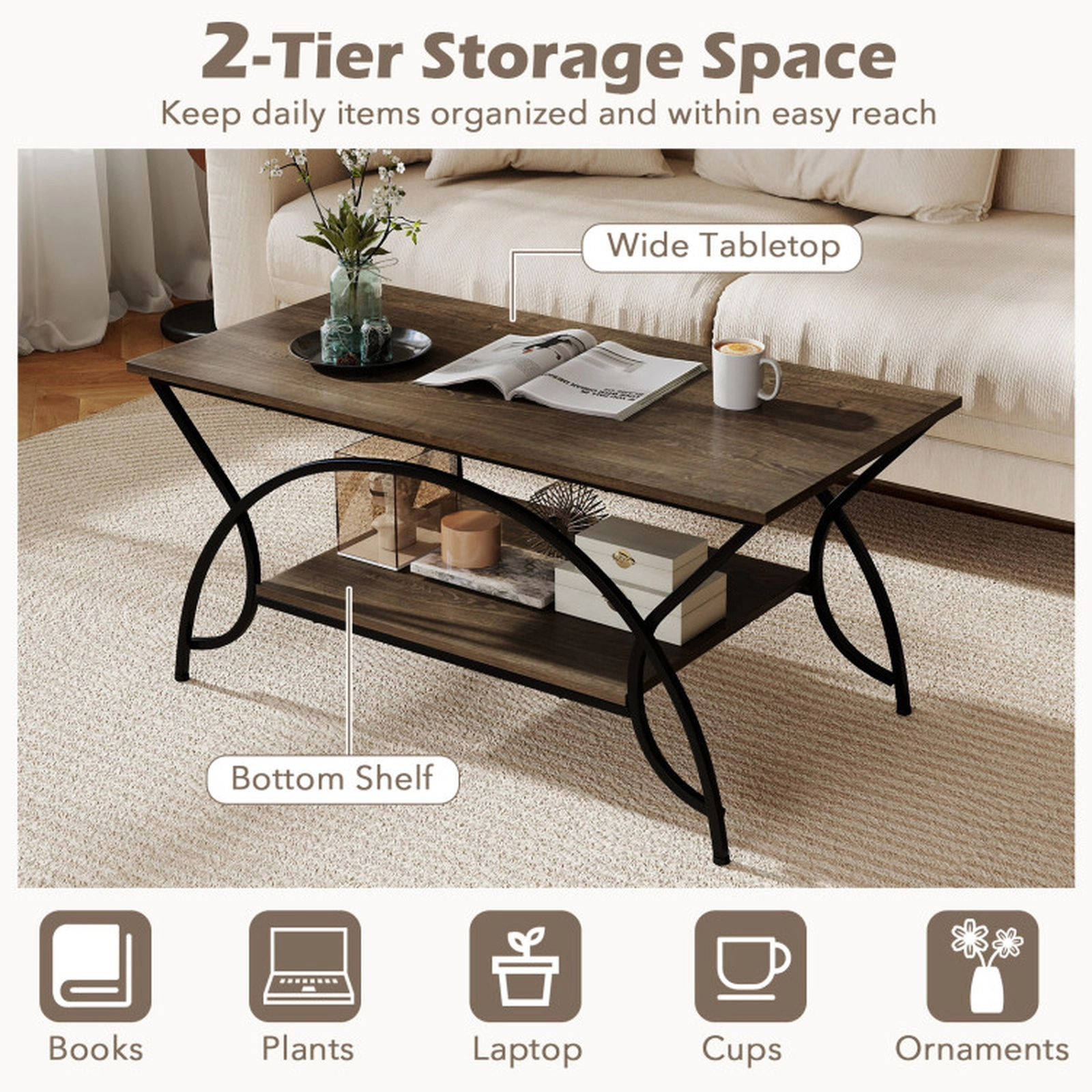 SUGIFT 2-Tier Wood Grain Top Arched Black Steel Frame Coffee Table 39.5-in x 19.5-in x 18-in 110-lb Capacity Oak
