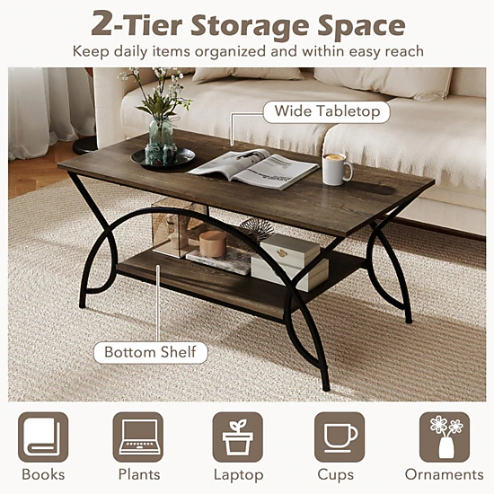 SUGIFT 2-Tier Wood Grain Top Arched Black Steel Frame Coffee Table 39.5-in x 19.5-in x 18-in 110-lb Capacity Oak