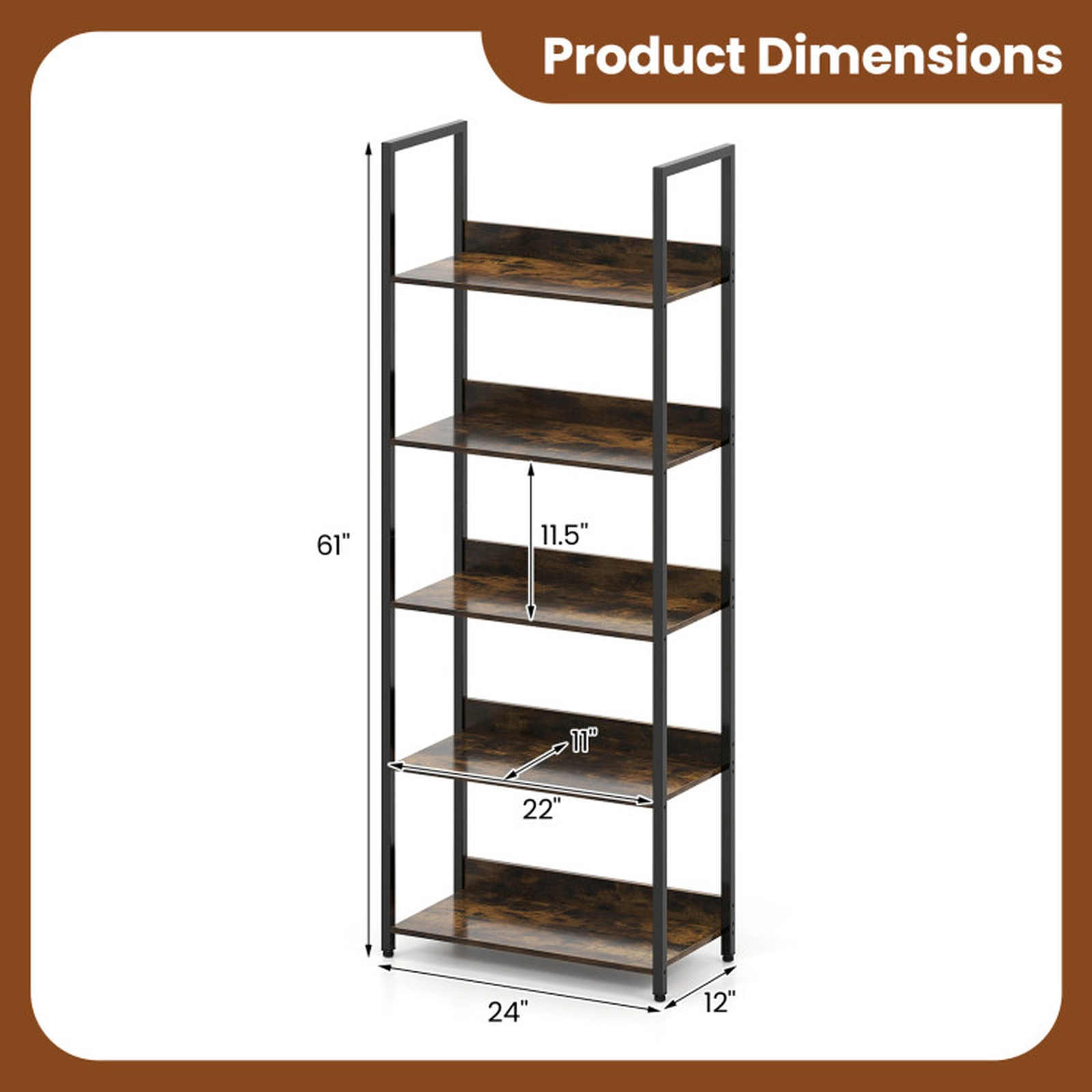 SUGIFT Rustic Brown 5-Tier Tall Bookshelf 61 in with Raised Back Panels