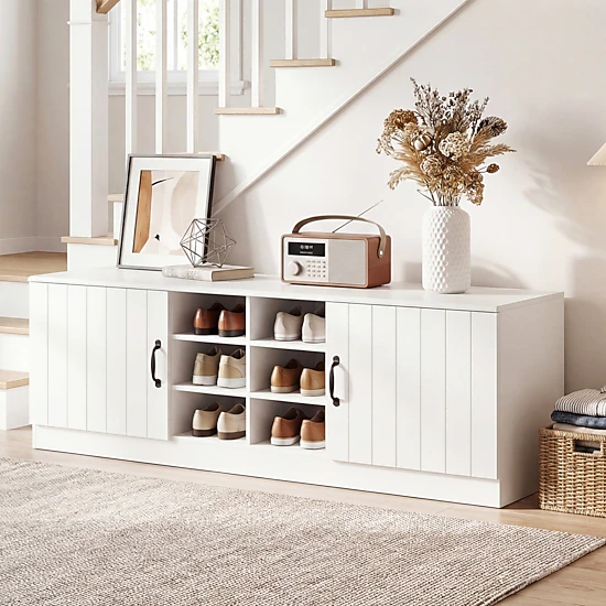 Glintex 59-Inch Shoe Bench with 6 Storage Compartments and Double Doors