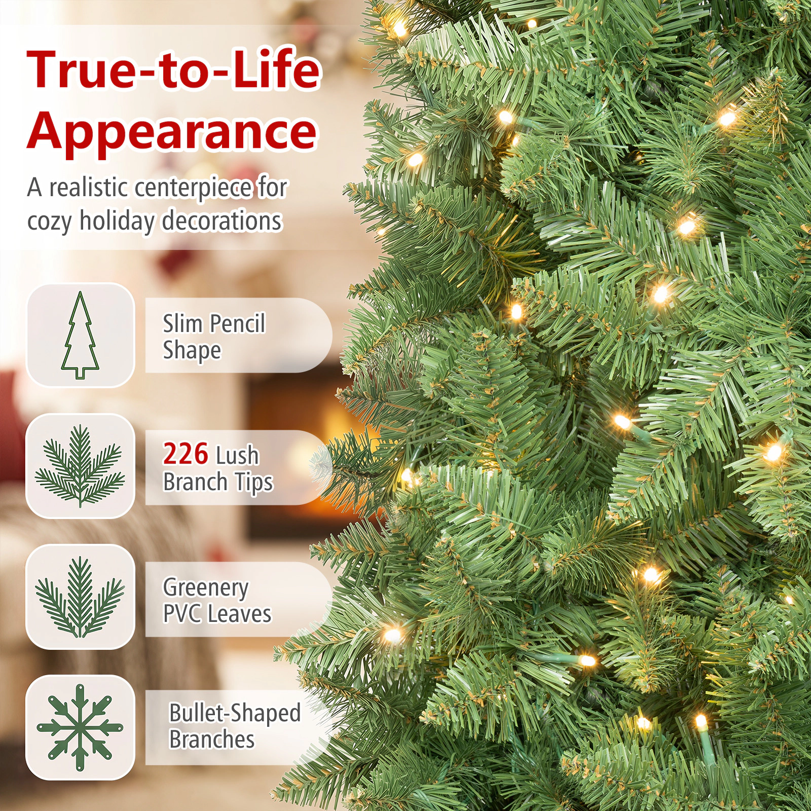 Costway 4.5/6.5/7.5ft Pre-Lit Hinged Pencil Christmas Tree 150 Lights