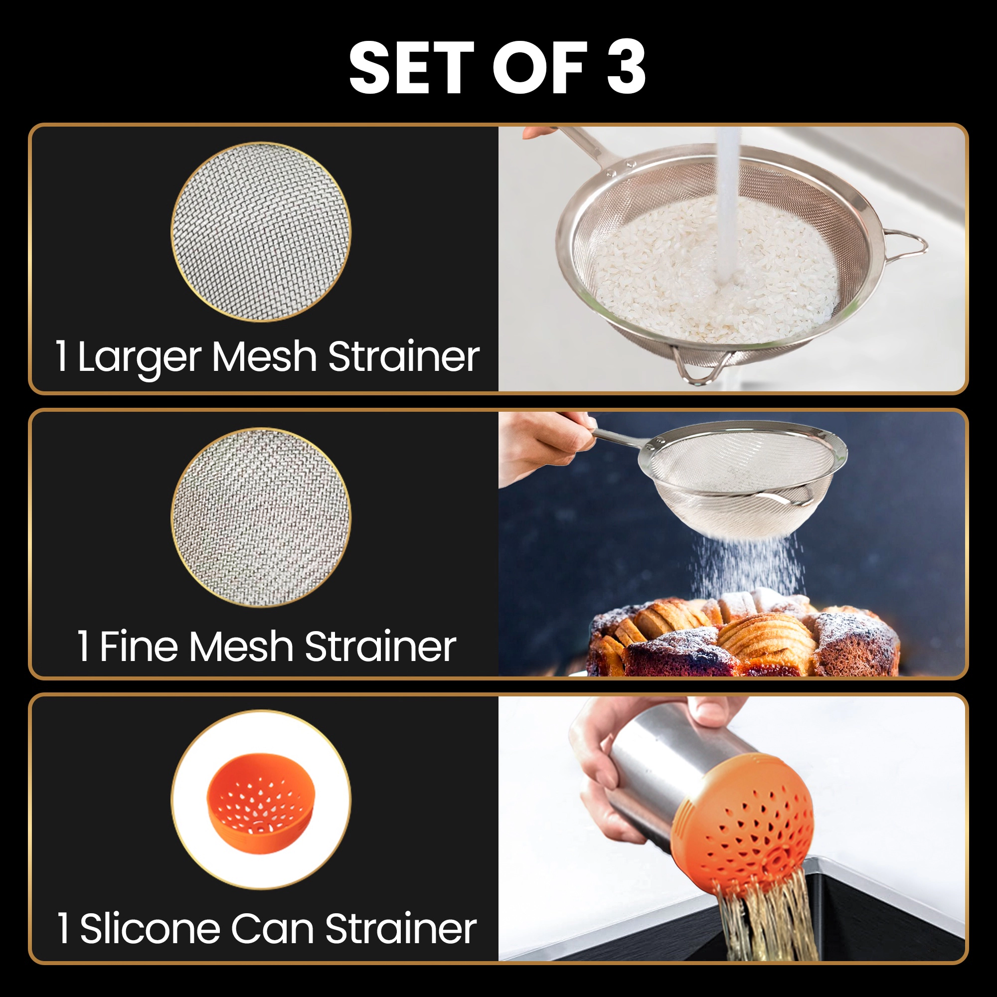Gourmet Easy Fine Mesh Strainer Set, Stainless Steel Large rice strainer & Small Flour Sifter, Bonus Can Strainer