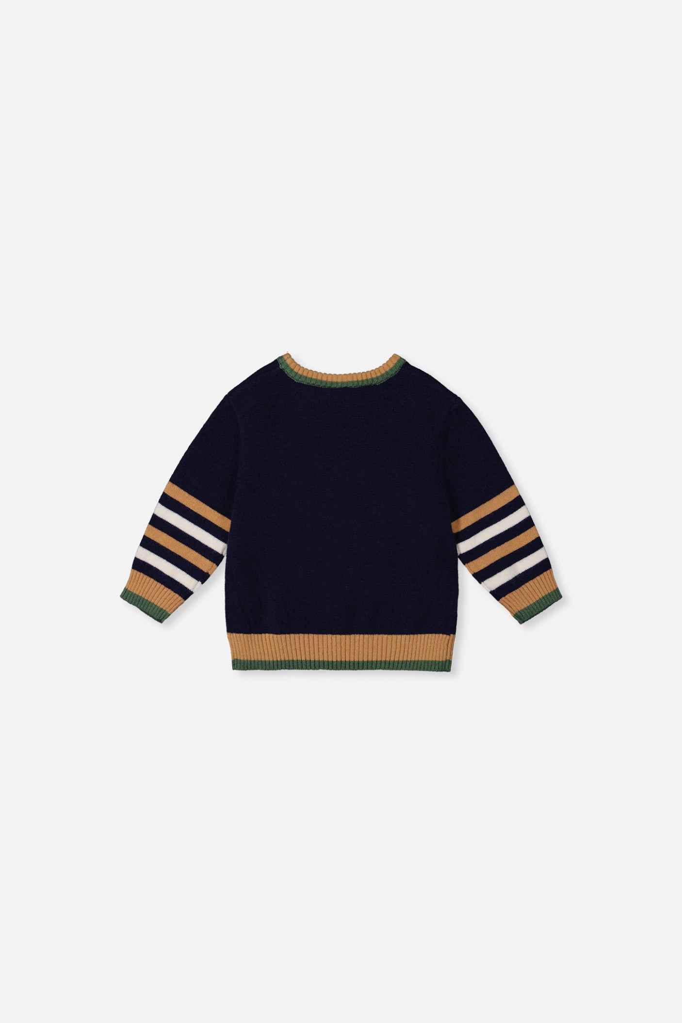 Deux par Boys Knit Crewneck Sweater with Dino Intarsia and Striped Ribbed Trim
