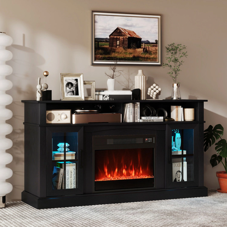 Hivvago 58 Inch Fireplace Tv Stand With Led Lights Storage Cabinets And Glass Doors
