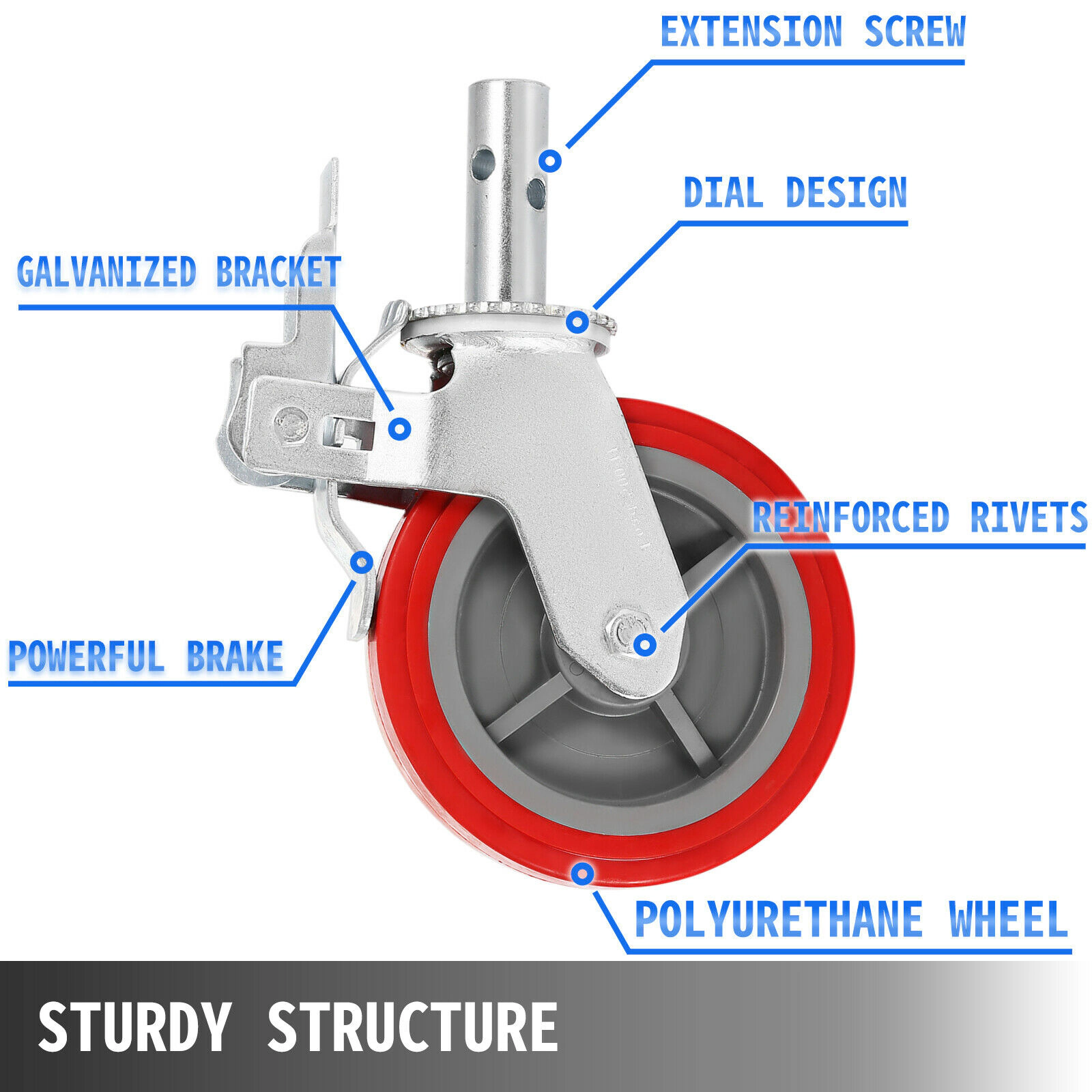HONGGE 8-Inch Red Scaffolding Caster Wheels, Set of 4, Locking Stem Casters, 800 lbs Per Wheel