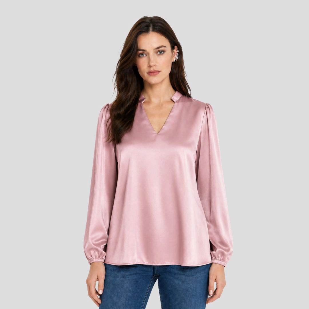 Artyska Women's Satin V-Neck Long Sleeve Blouse with Stand Collar
