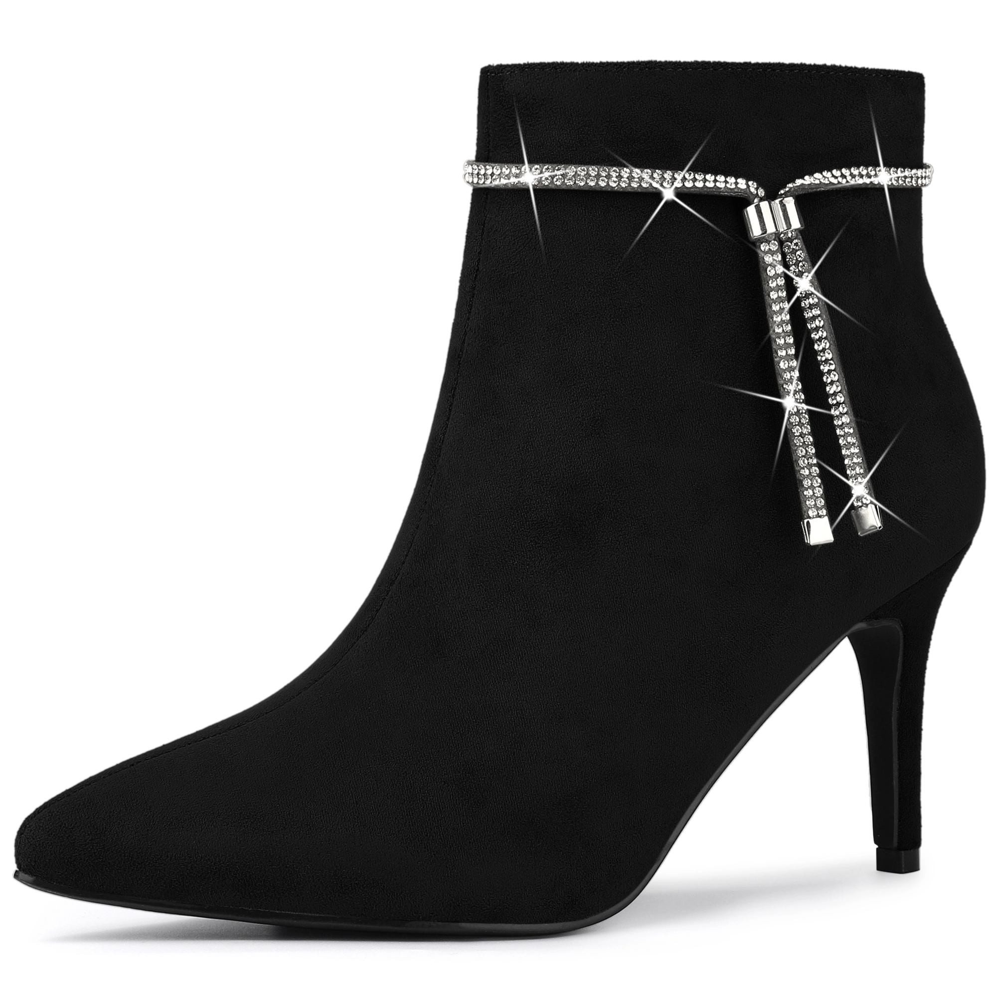 BLISSFUL STEP Women Bling Rhinestone Pointed Toe Stiletto Heels Ankle Boots
