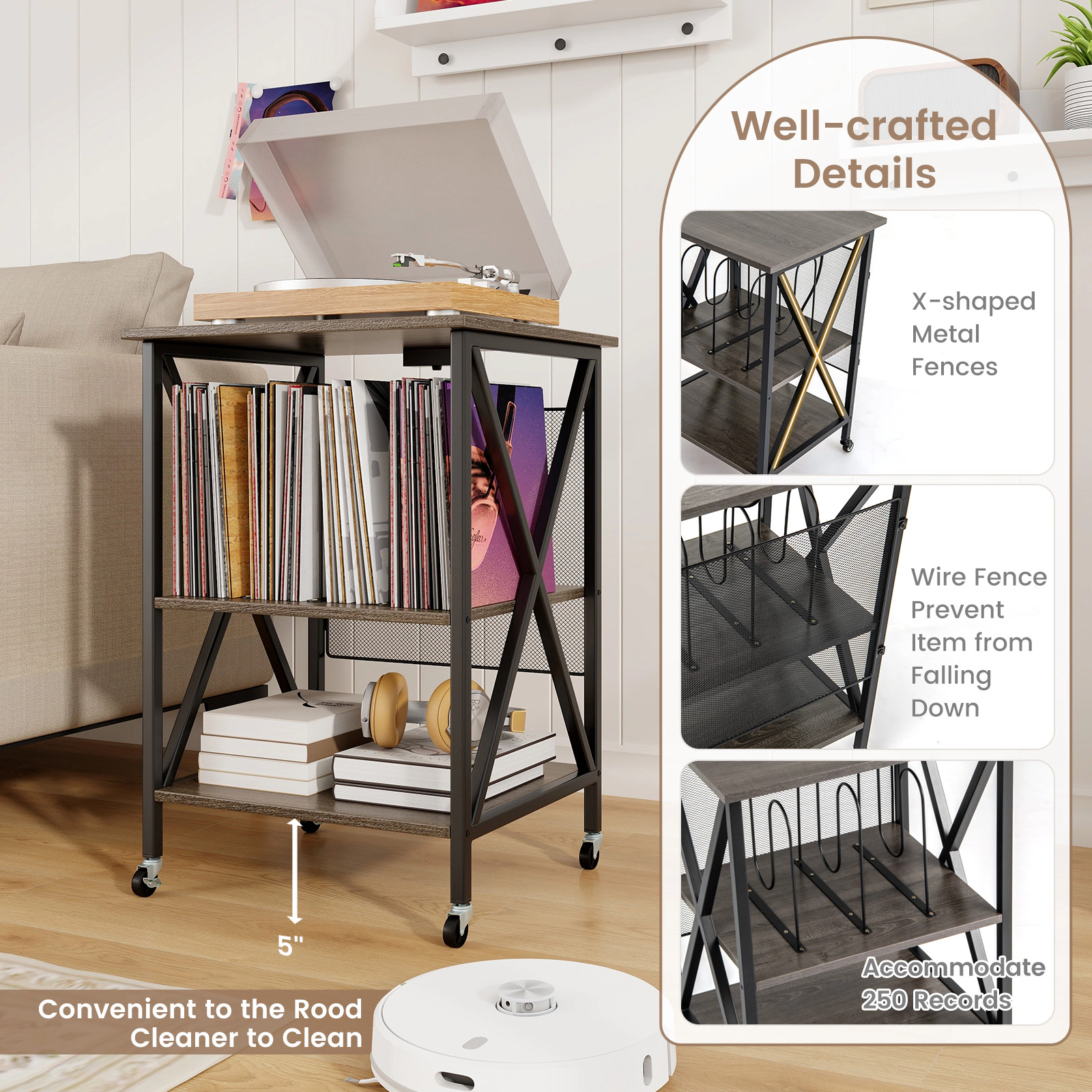 Glintex Mid-Century Record Player Stand with Removable Dividers and Charging Station