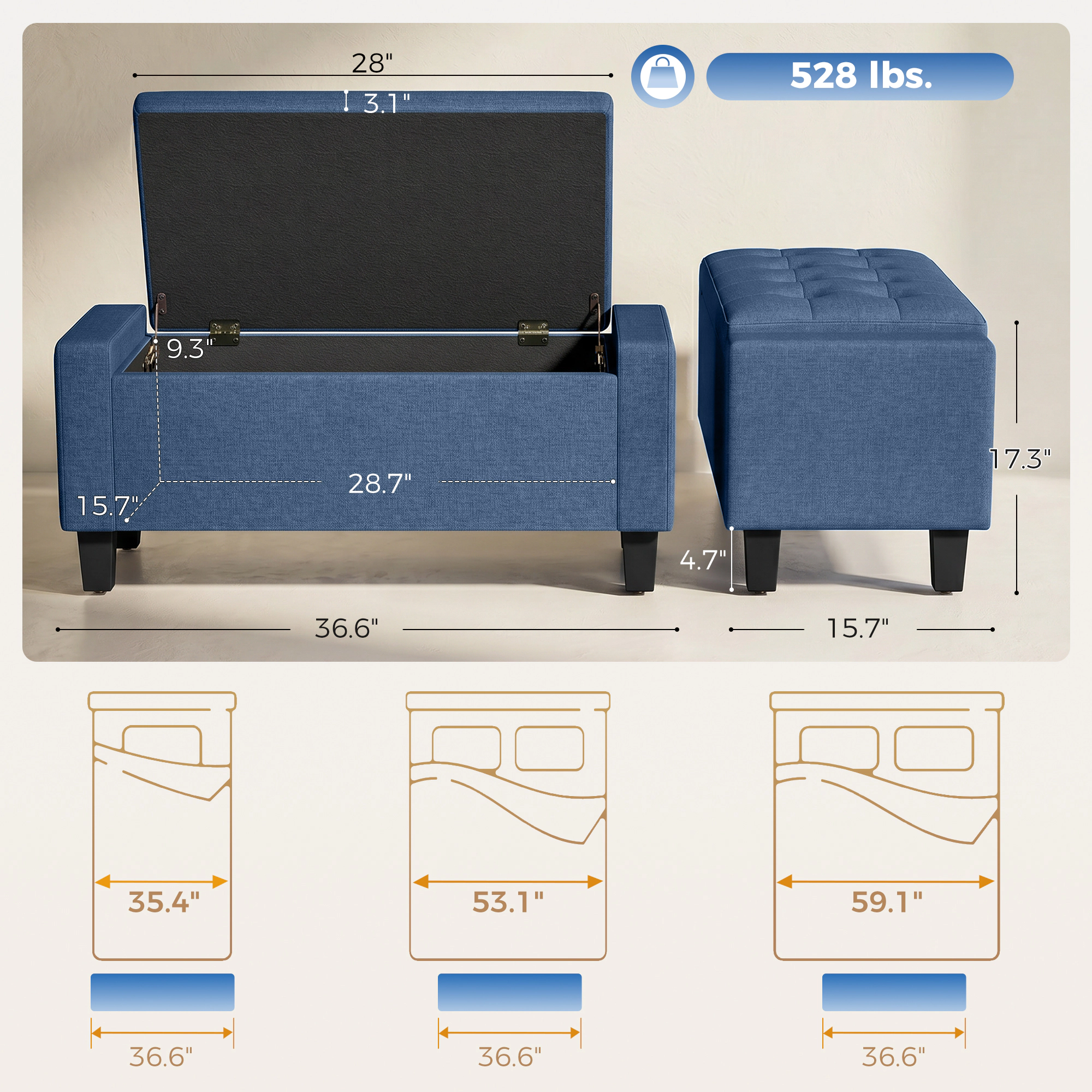 Hivvago Storage Ottoman Bench With Tufted Armrests And Wooden Legs