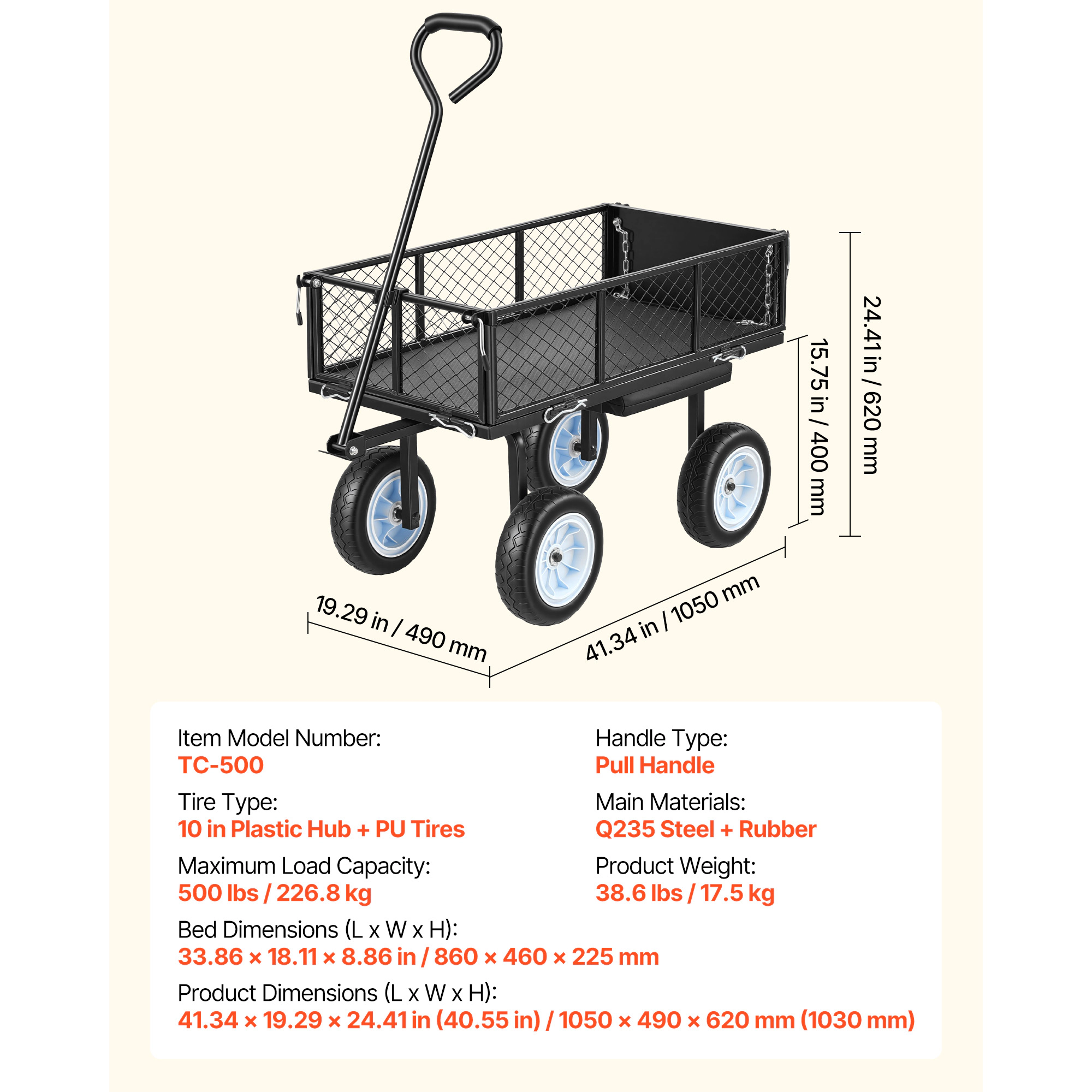 HONGGE Garden Cart with Seat 500 LBS Rolling Steel Work Wheels Heavy Duty Gardening Stool Tool