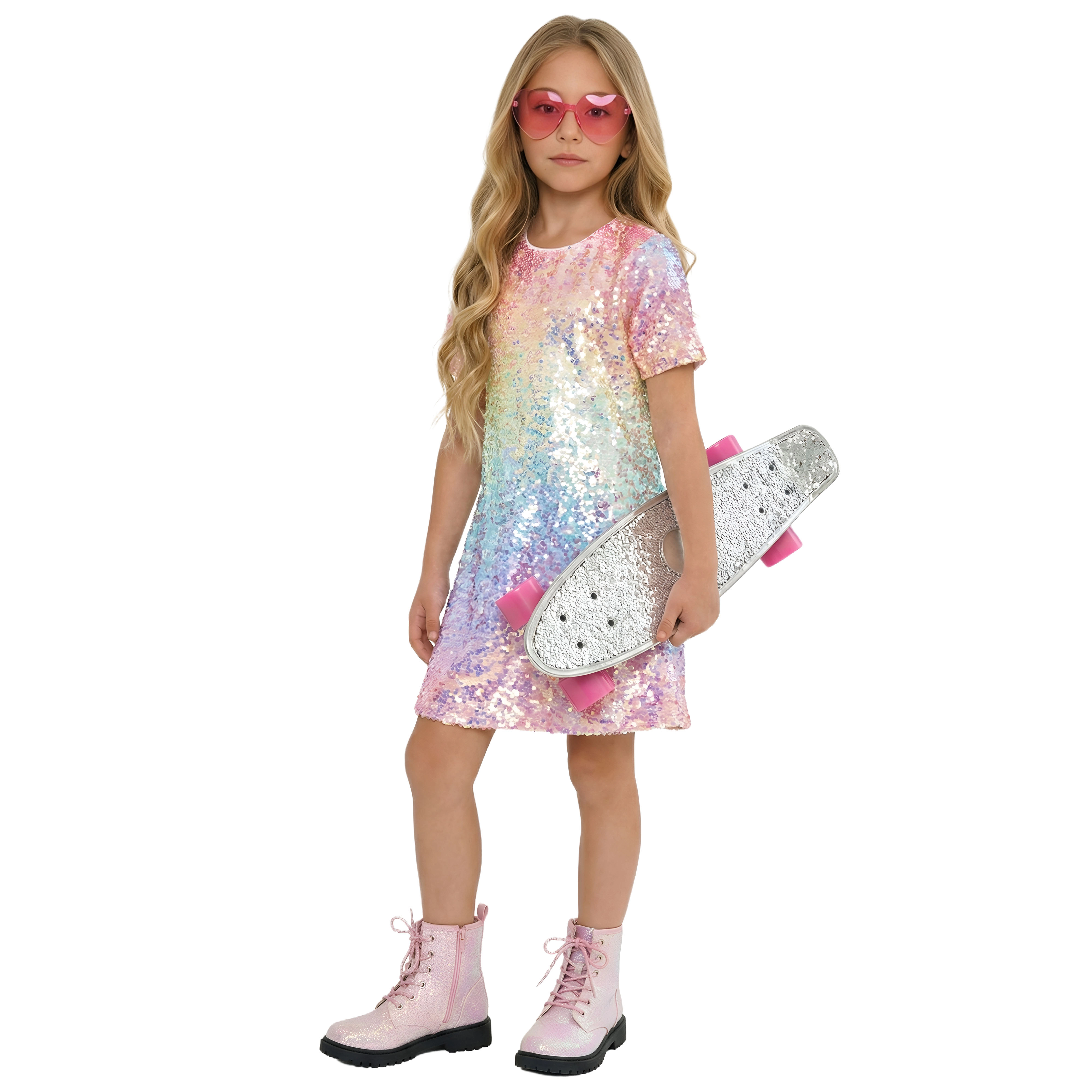 2Bunnies Girls Ombre Sequin Short Sleeve Shift Dress