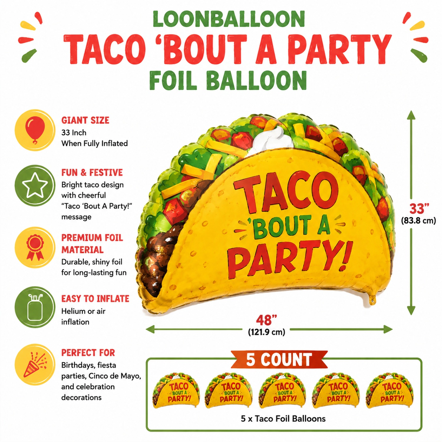 LoonBalloon Taco 'Bout A Party 33-Inch Multicolor Balloon